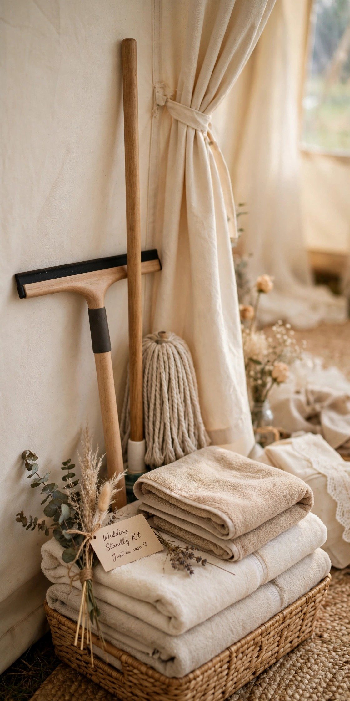A simple standby kit of squeegee, mop and towels stored neatly in a tent corner