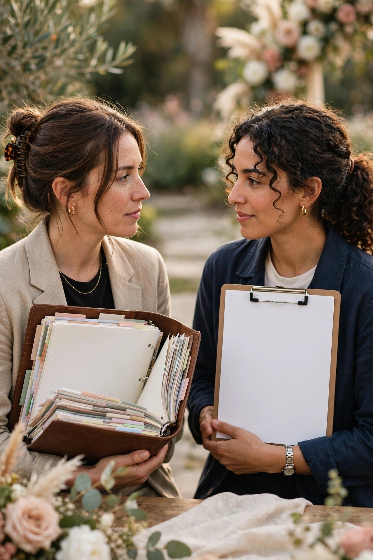 Two professionals at a wedding, one with a full planning binder and one with a day-of timeline clipboard