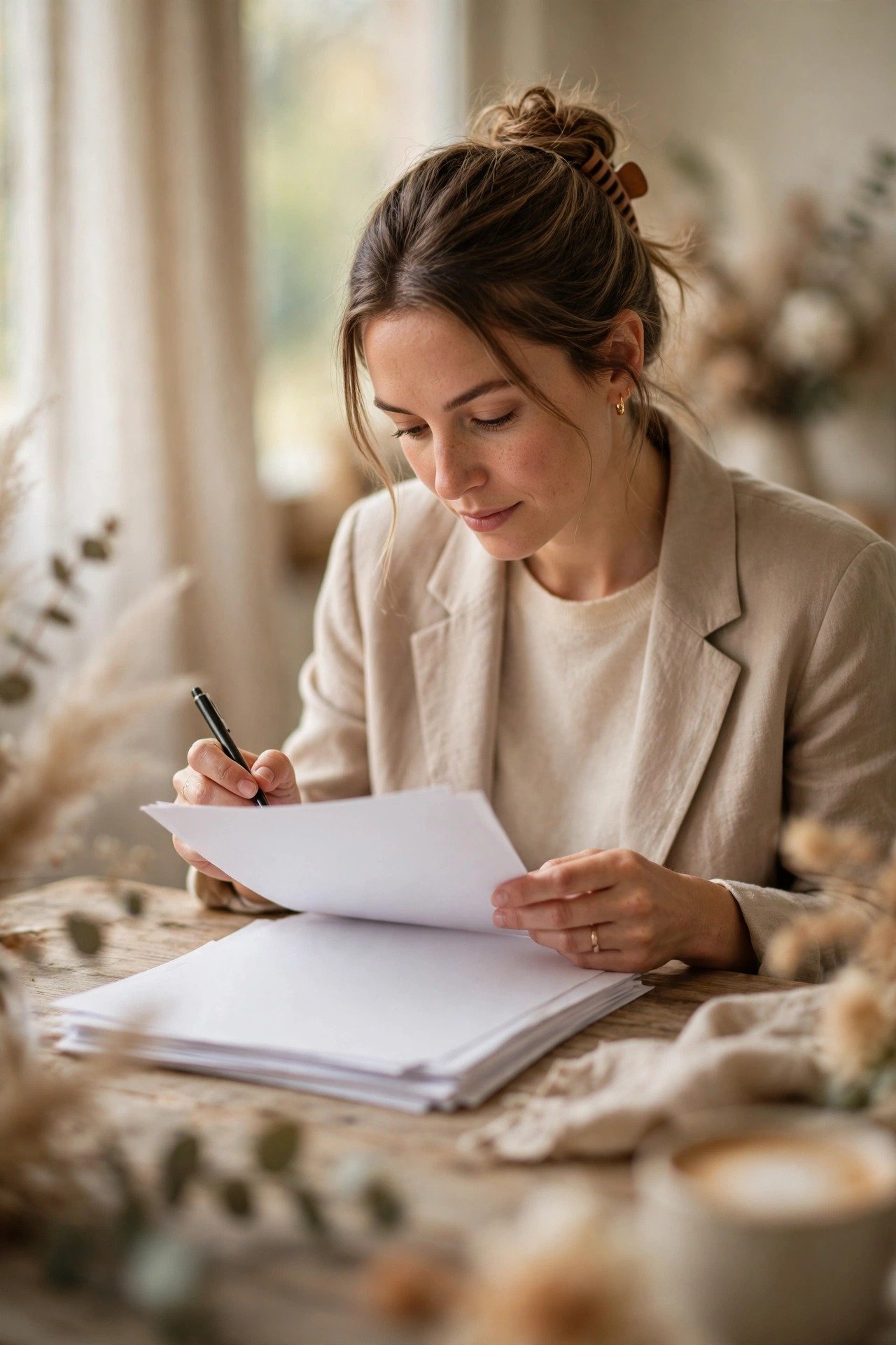 A planner reviewing a vendor contract with a pen, checking clauses for a couple