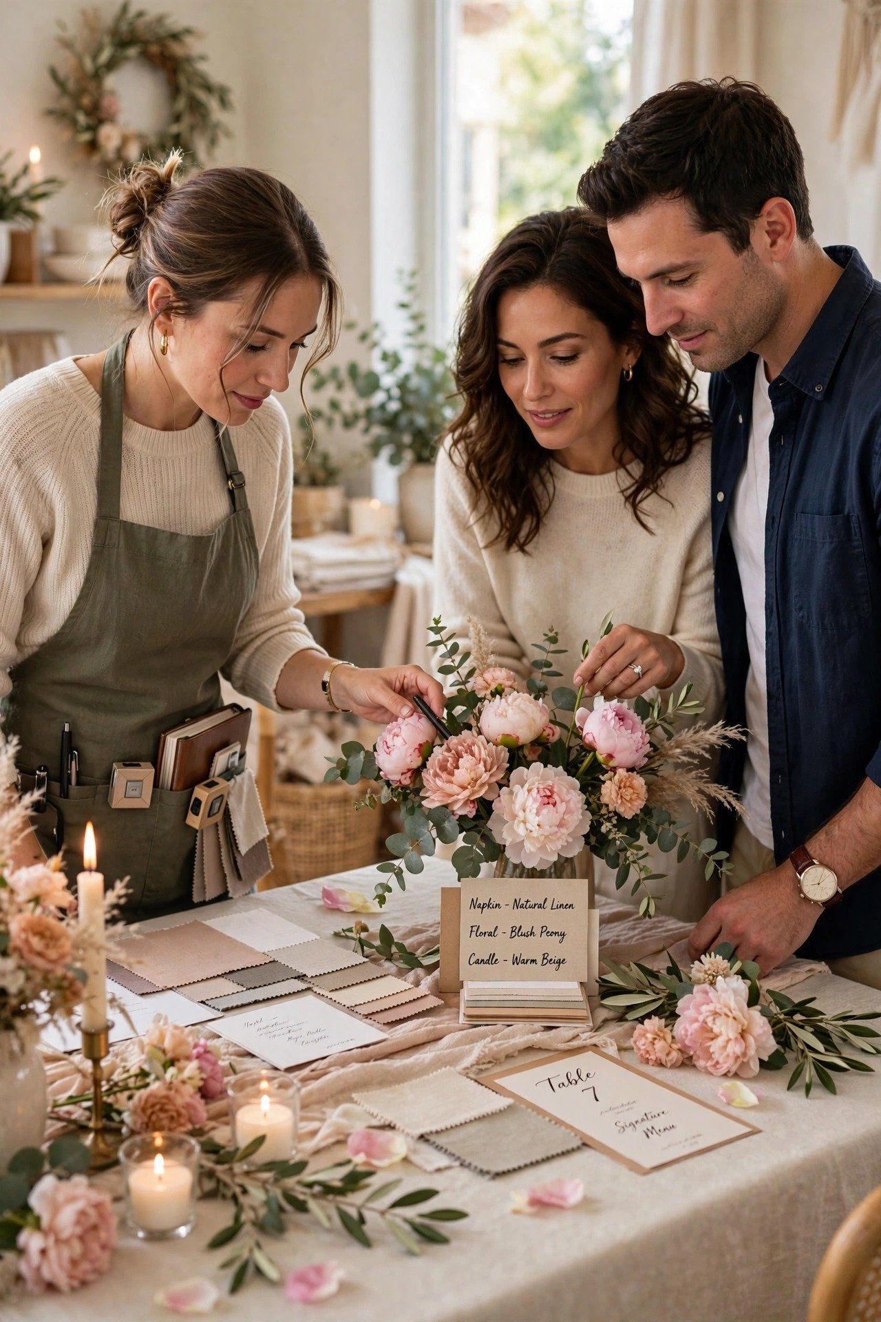 A planner arranging a table mock-up with linens, candles and flowers for a couple to approve