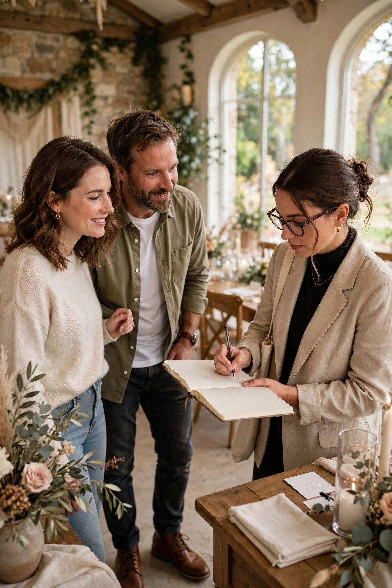 A couple touring a wedding venue with their planner taking notes on capacity and light