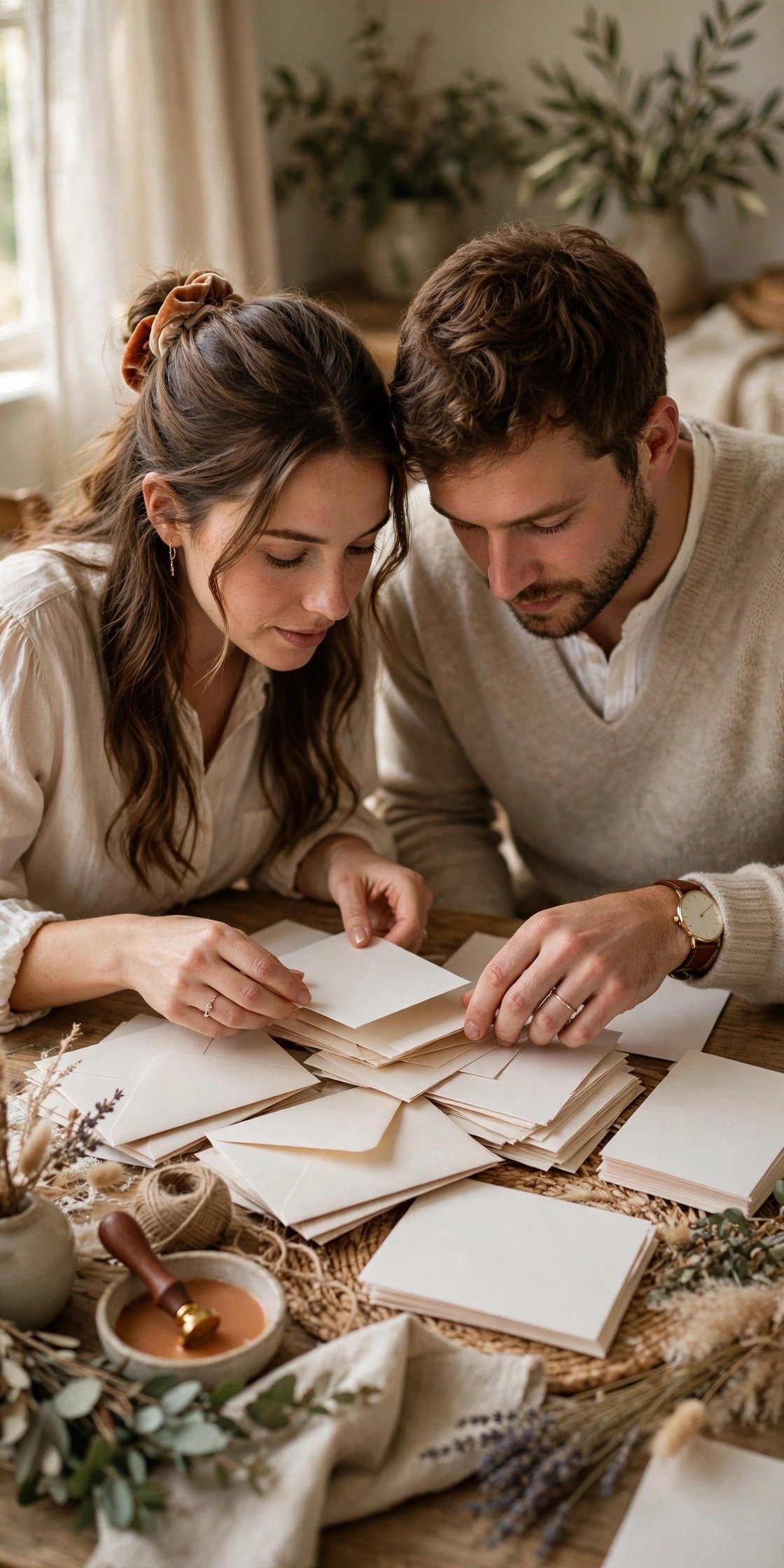 A planner helping a couple organise a guest list spreadsheet and RSVP cards