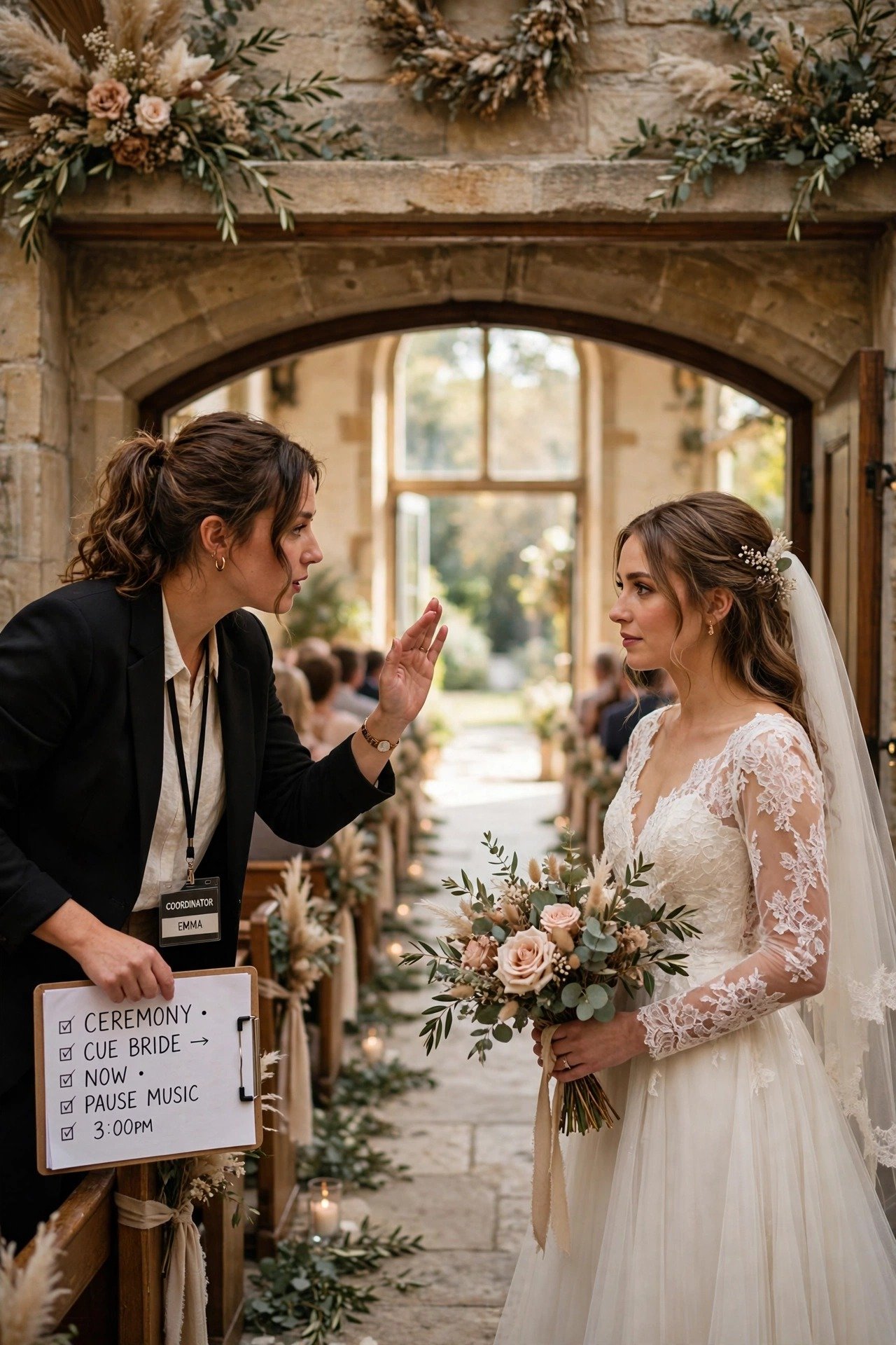 A coordinator cueing a bride through a doorway at the top of the aisle, stopwatch timing in hand