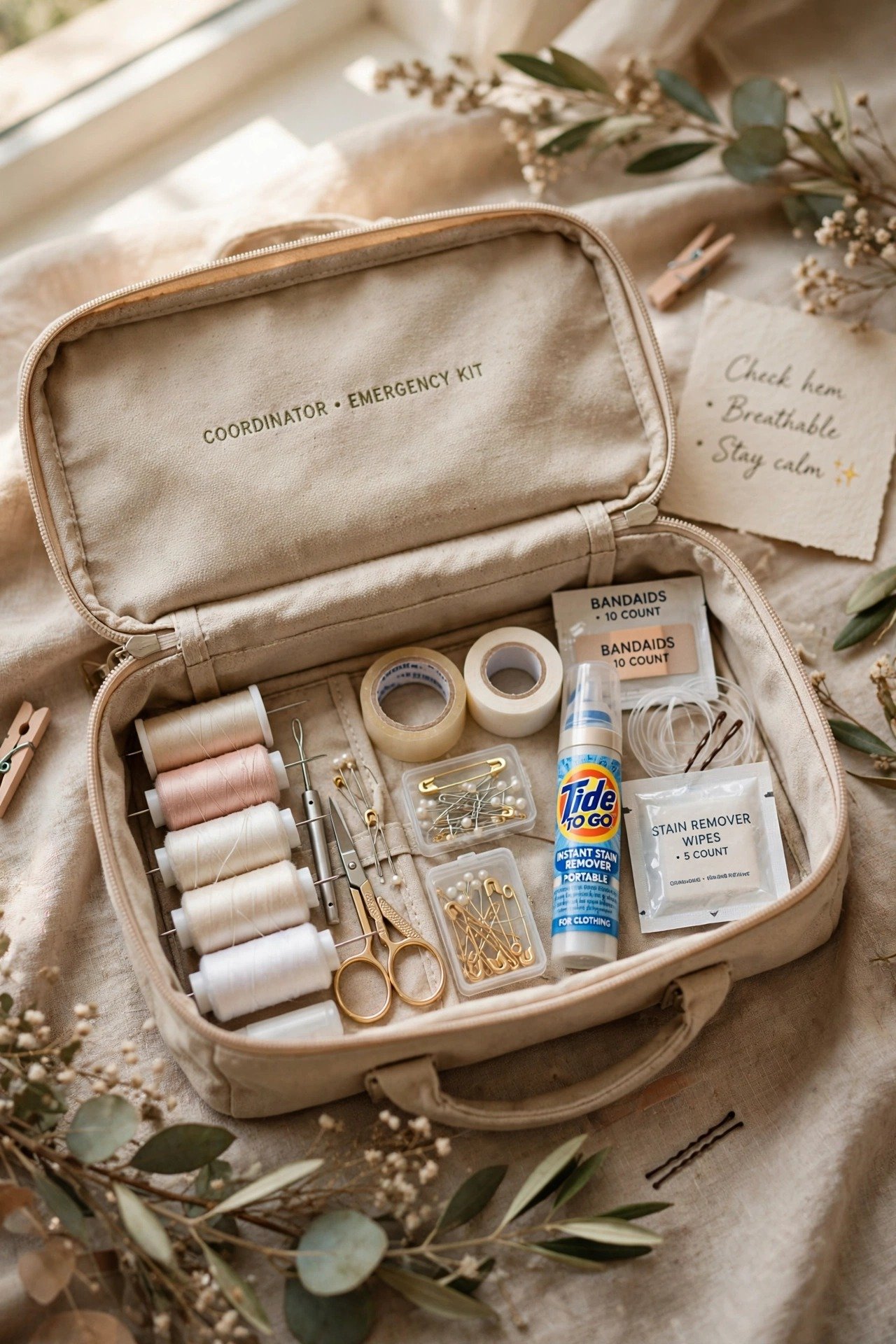 A coordinator's emergency kit open showing sewing supplies, tape, pins and stain remover