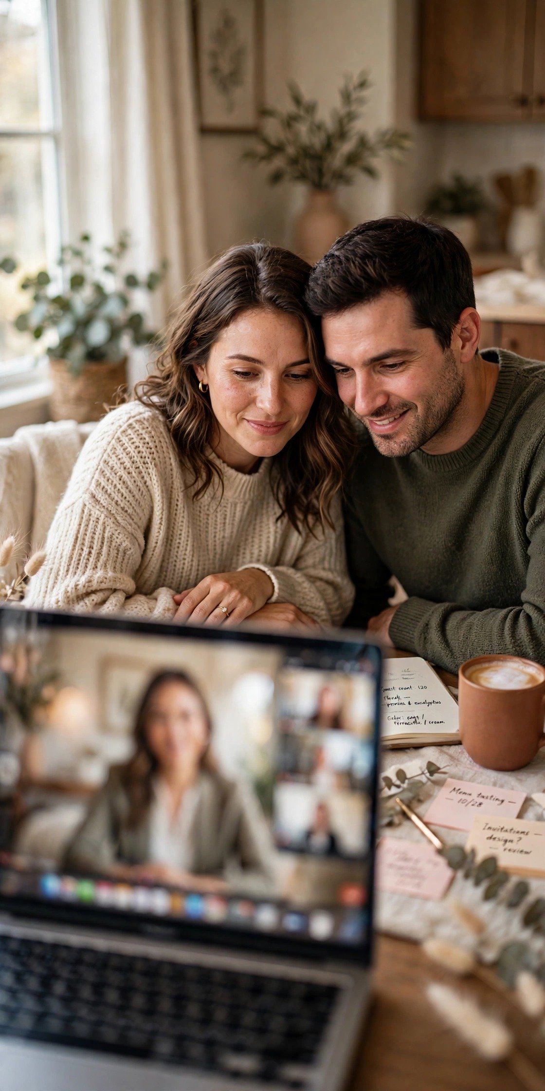 A couple on a video call with their planner, reviewing decisions together