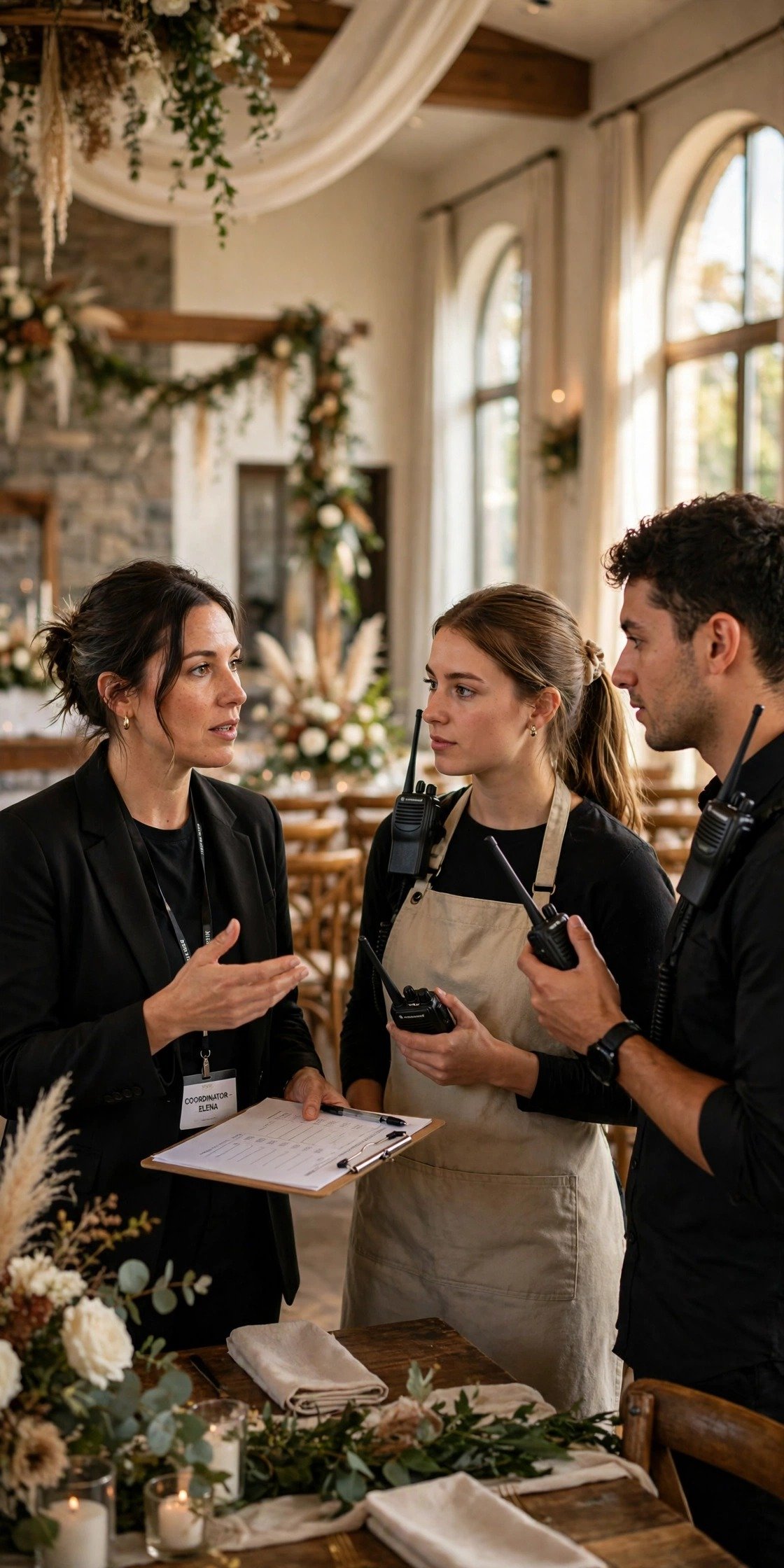 A lead coordinator briefing two assistants with radios at a large wedding venue