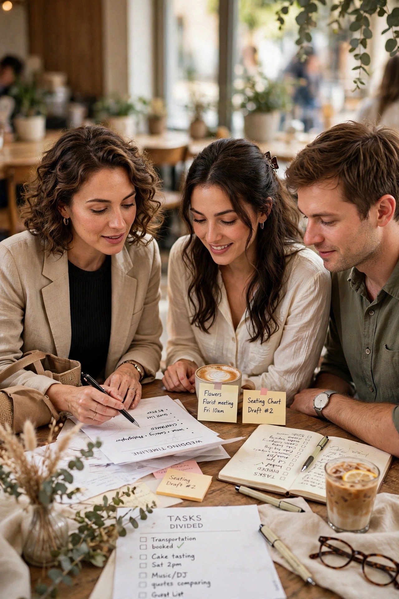 A couple and planner dividing a task list between them on a café table