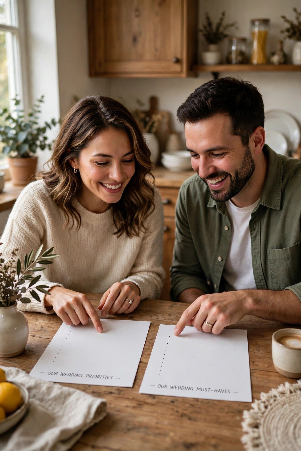 A couple at a kitchen table with two lists, happily reaching a decision together