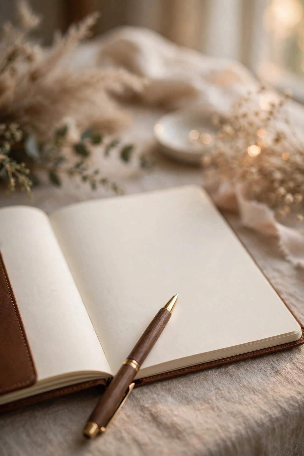 A notebook page filling with a long list of wedding decisions, venue to napkins