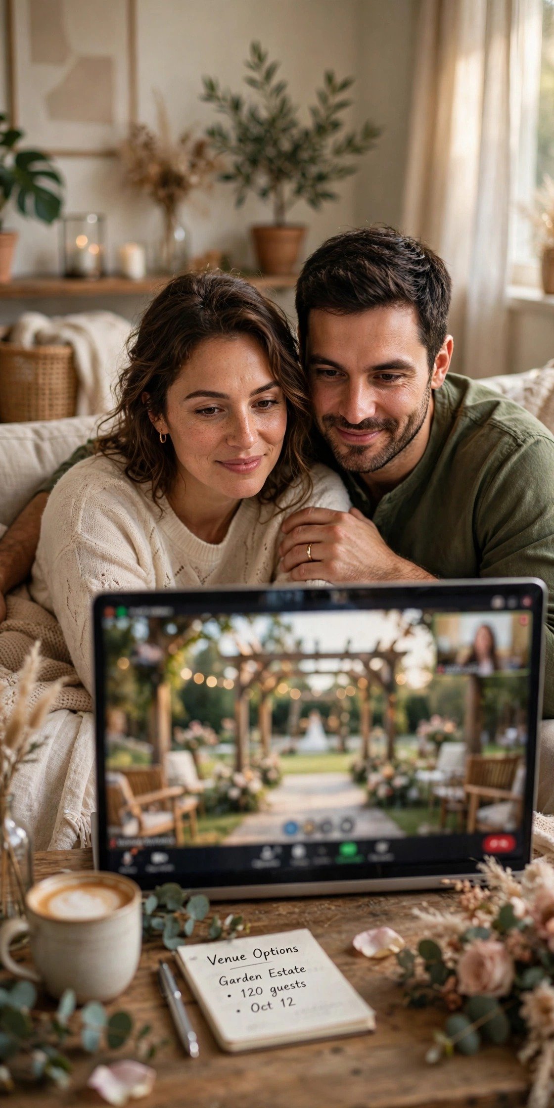 A couple on a video call with a venue, a world clock showing different time zones