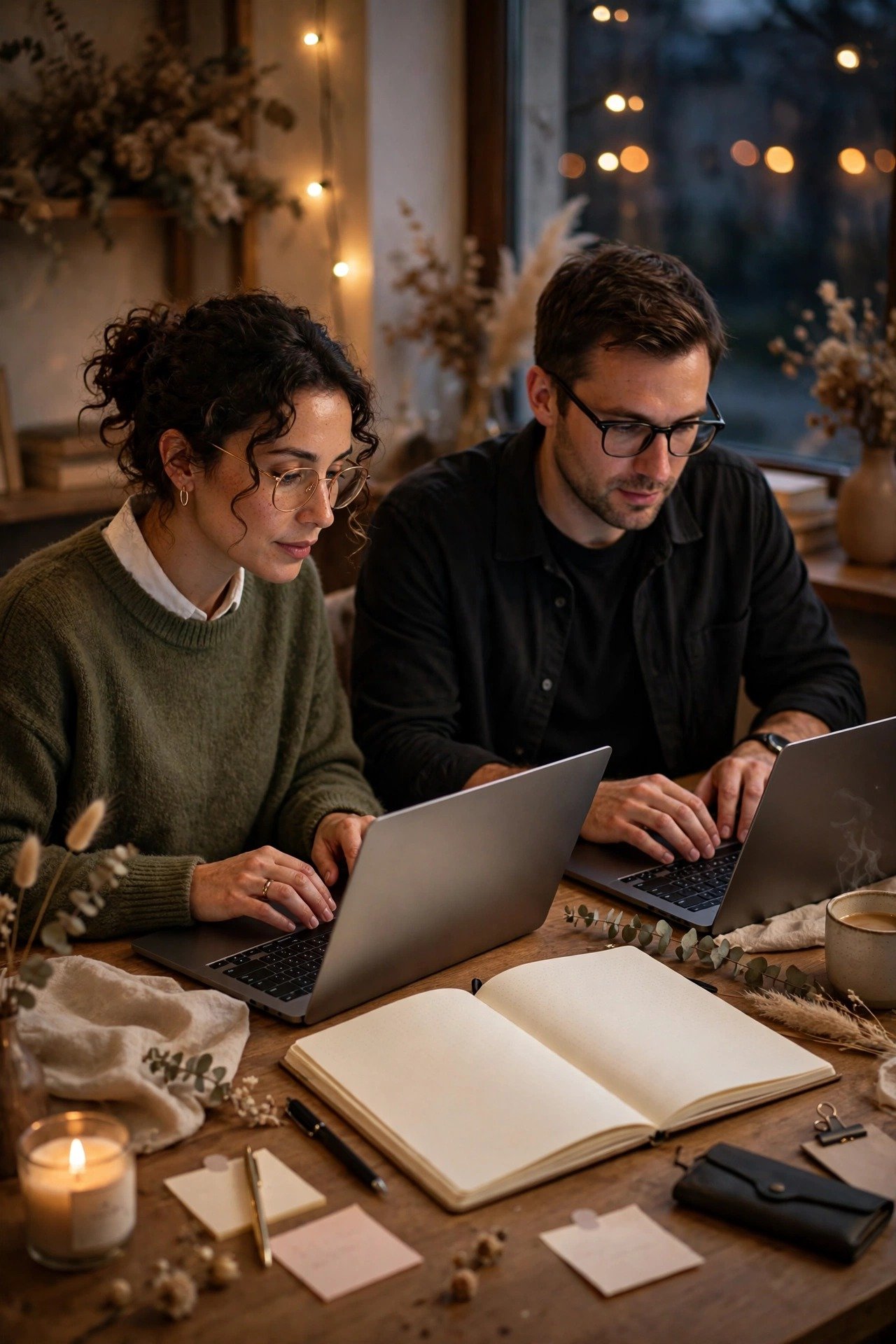 Two professionals at laptops in the evening, wedding notebook open beside them