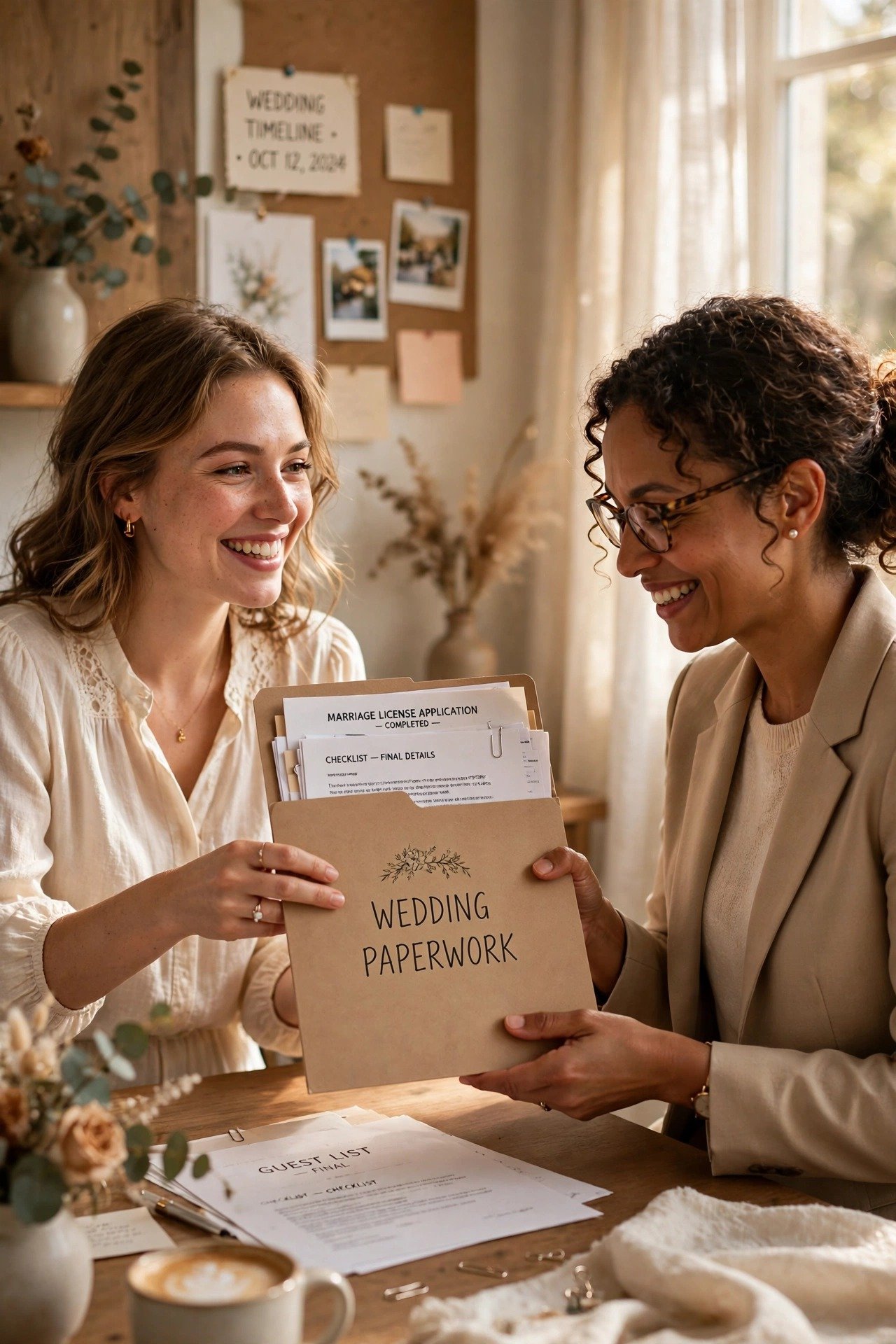A woman happily handing a folder of wedding paperwork to a trusted professional