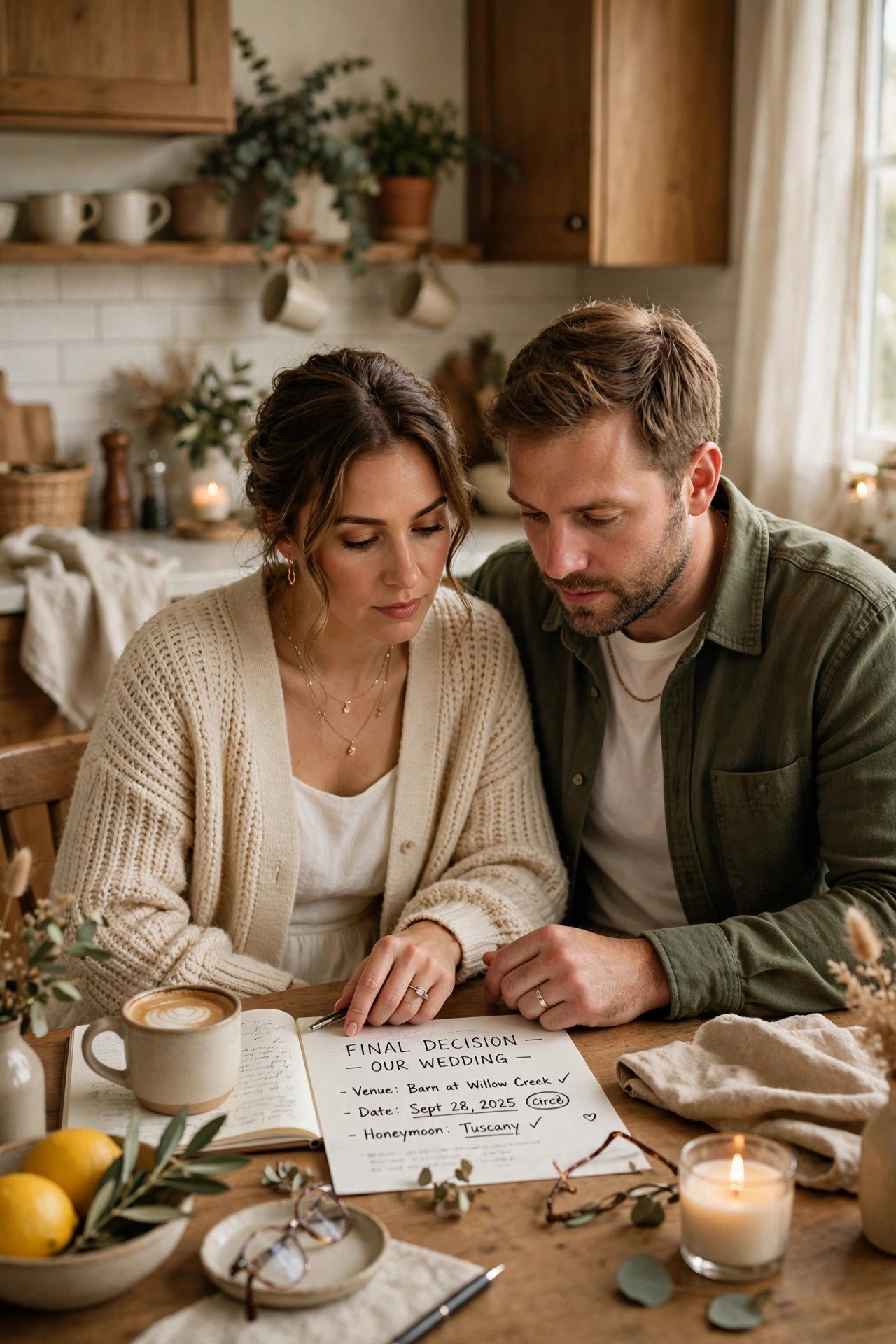 A couple still making a final personal decision together at their kitchen table