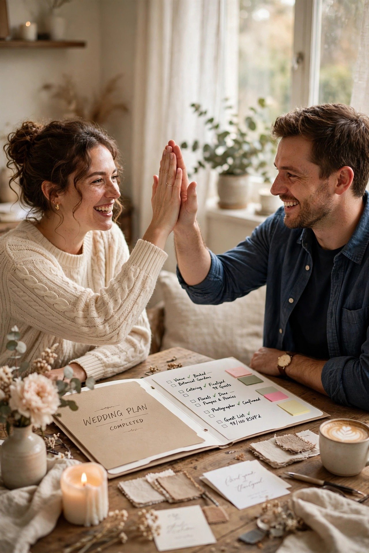 A smiling couple high-fiving over a completed wedding checklist