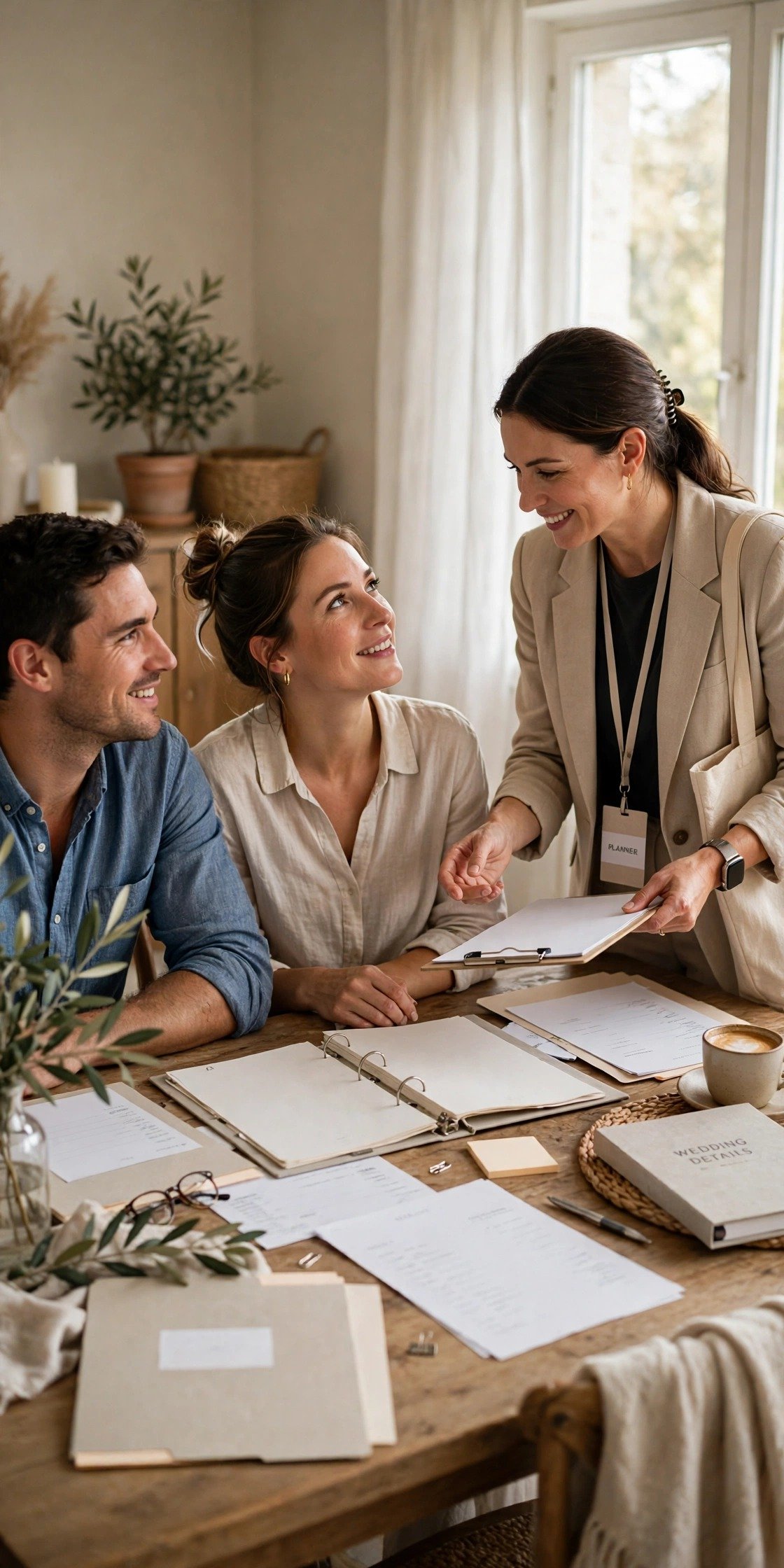 A stressed couple surrounded by wedding paperwork, looking relieved as help arrives