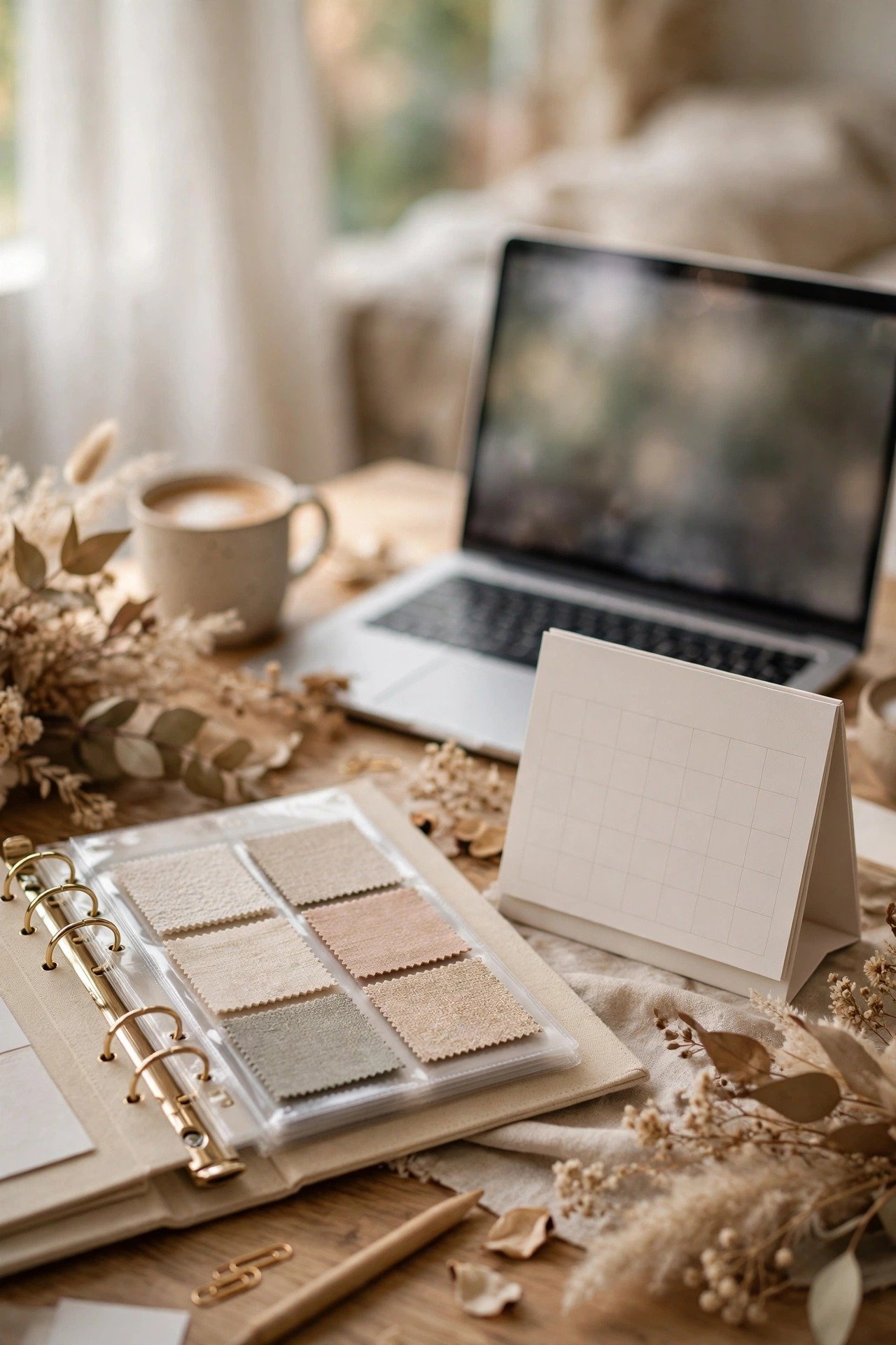 A wedding planning binder, spreadsheet and calendar working together on a desk