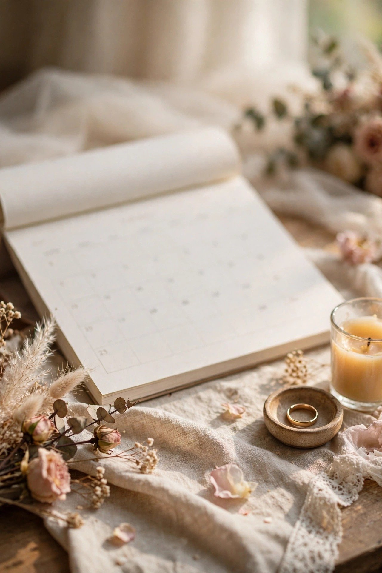 A calendar with two weeks highlighted, wedding research tasks scheduled in