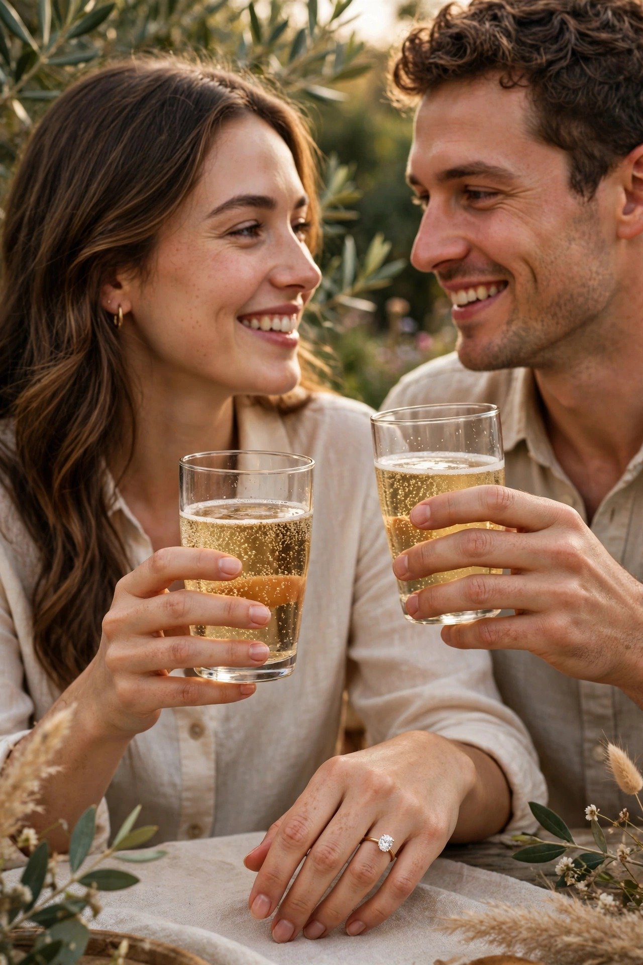 A newly engaged couple celebrating with sparkling cider and a ring close-up