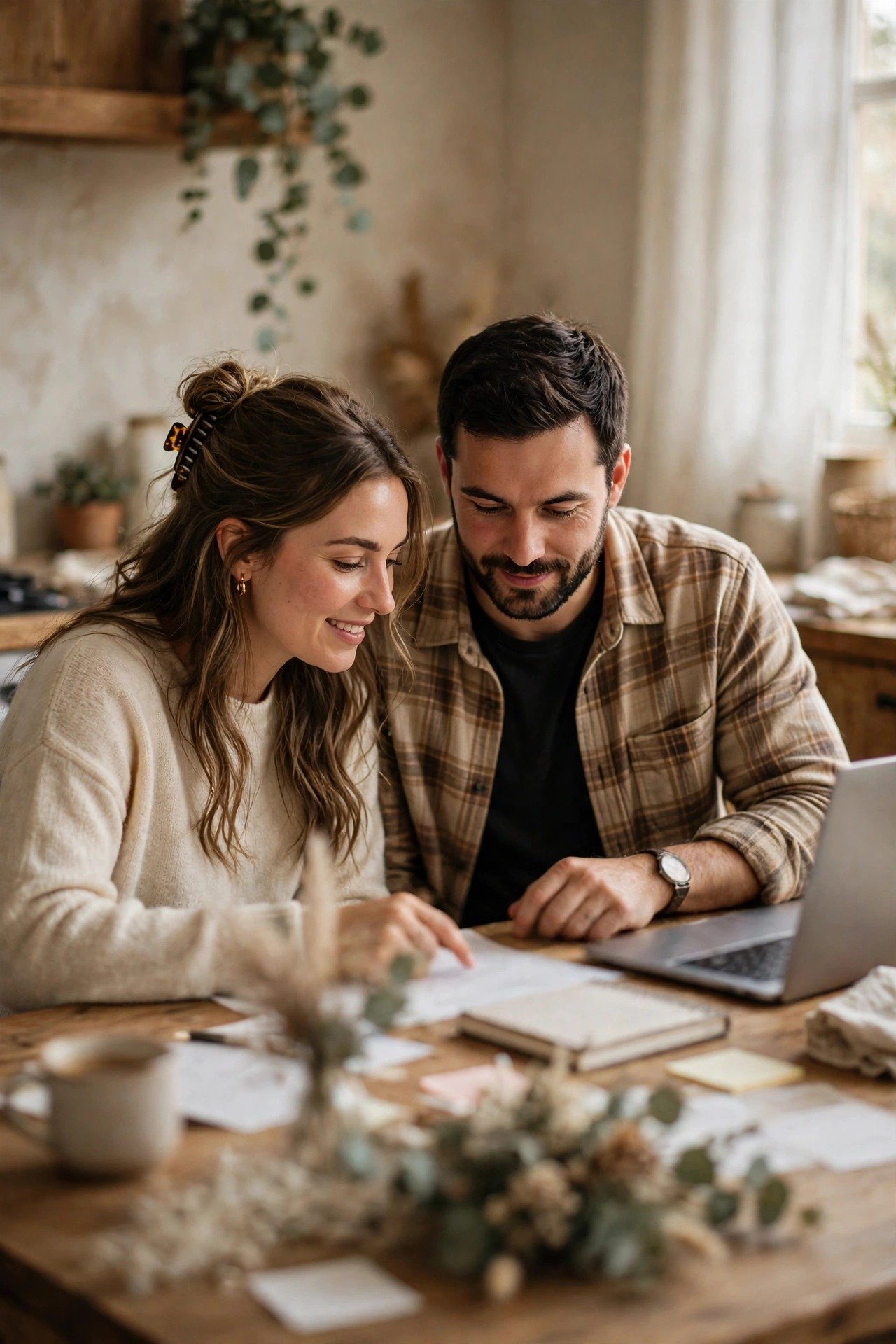 A couple building their first wedding budget and guest list draft at a kitchen table