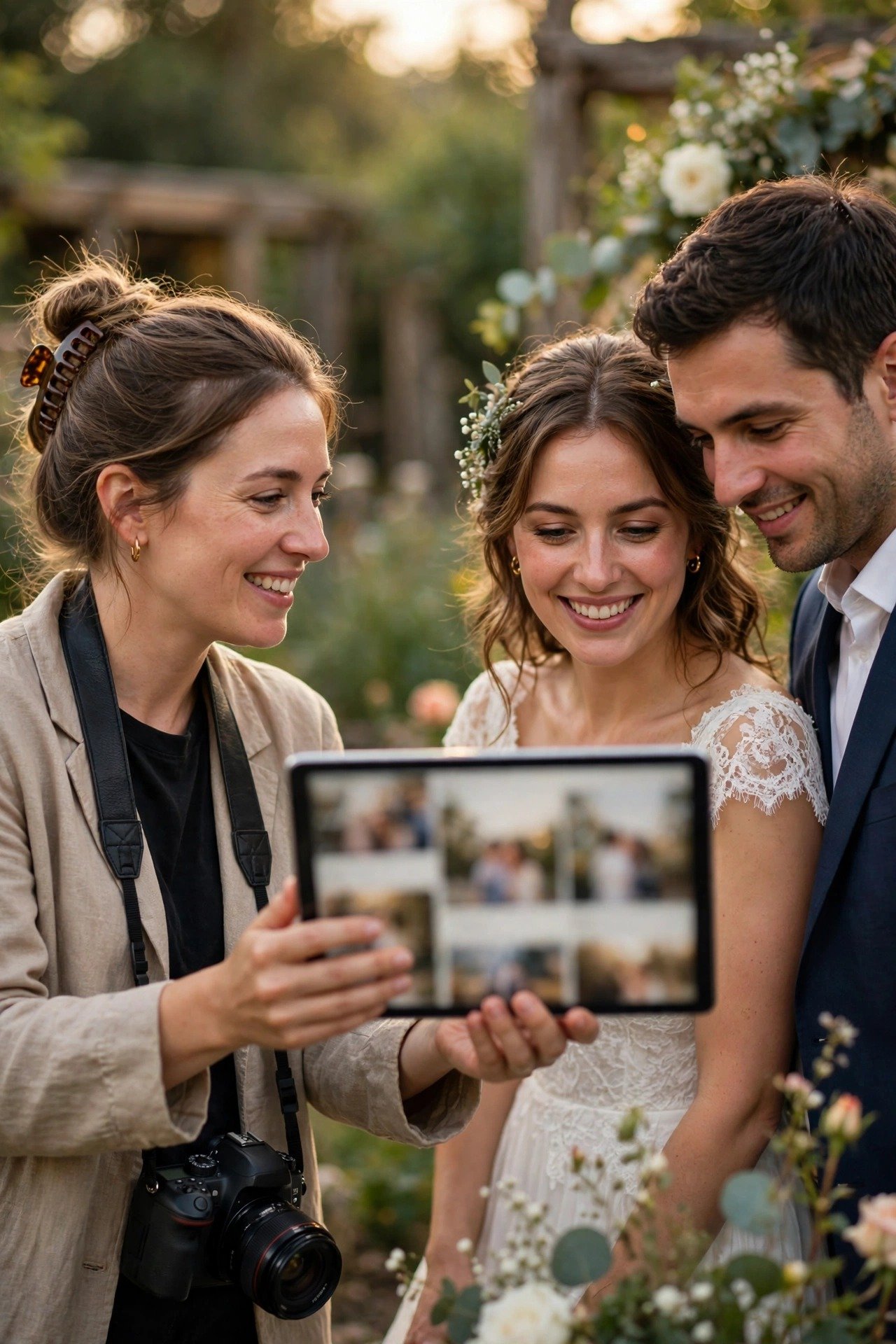 A wedding photographer showing a couple their portfolio on a tablet