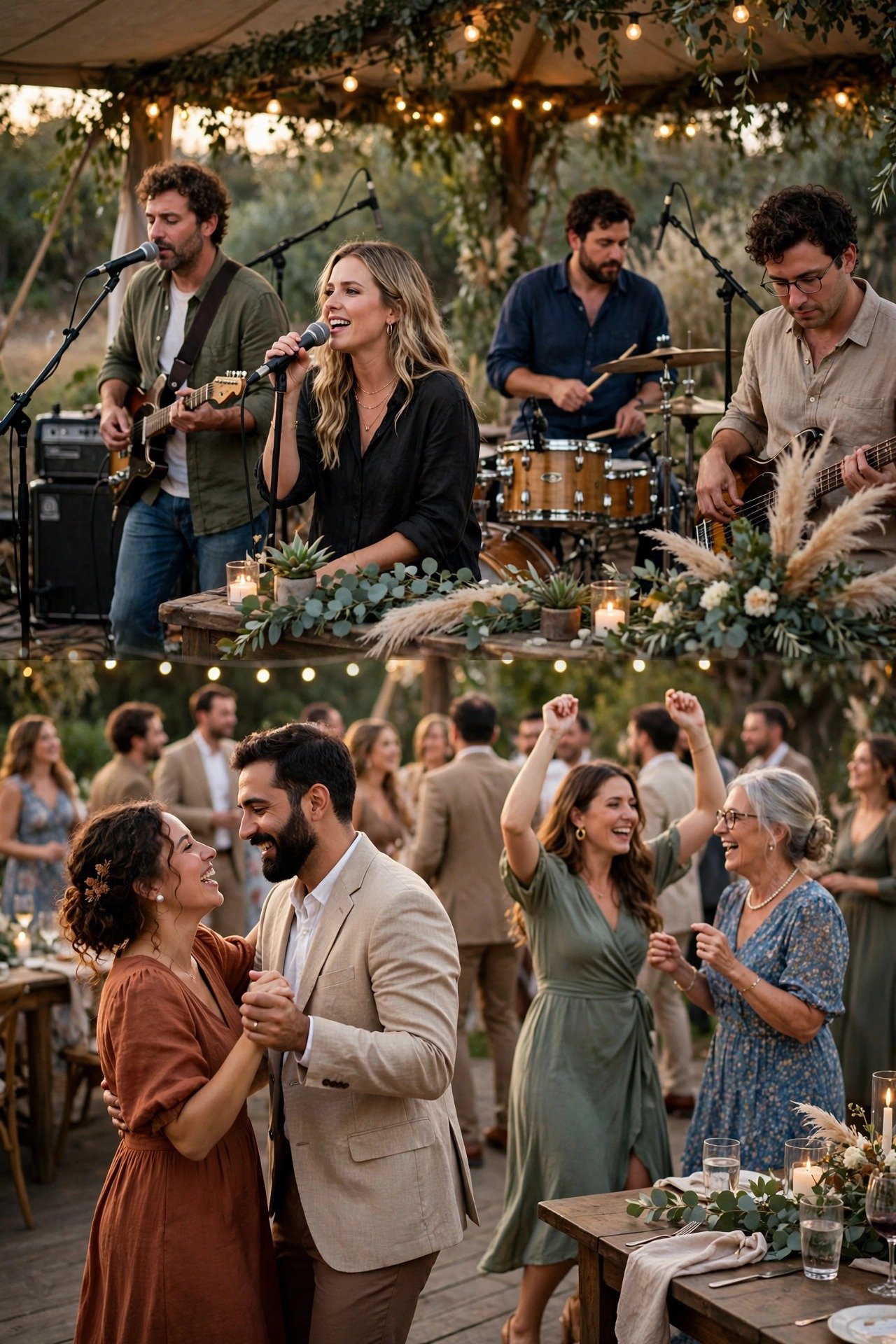 A band performing at a wedding reception as guests dance