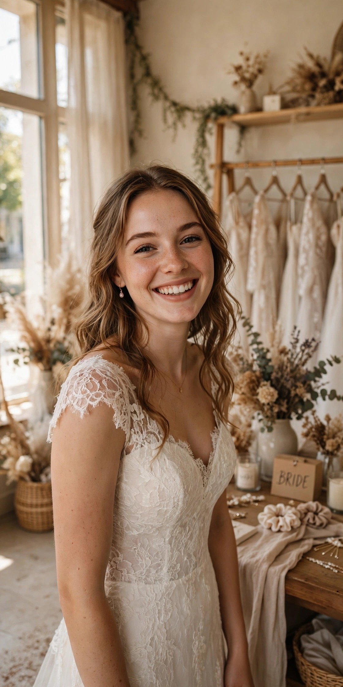 A bride saying yes to her wedding dress, holding a small sign in a bridal boutique