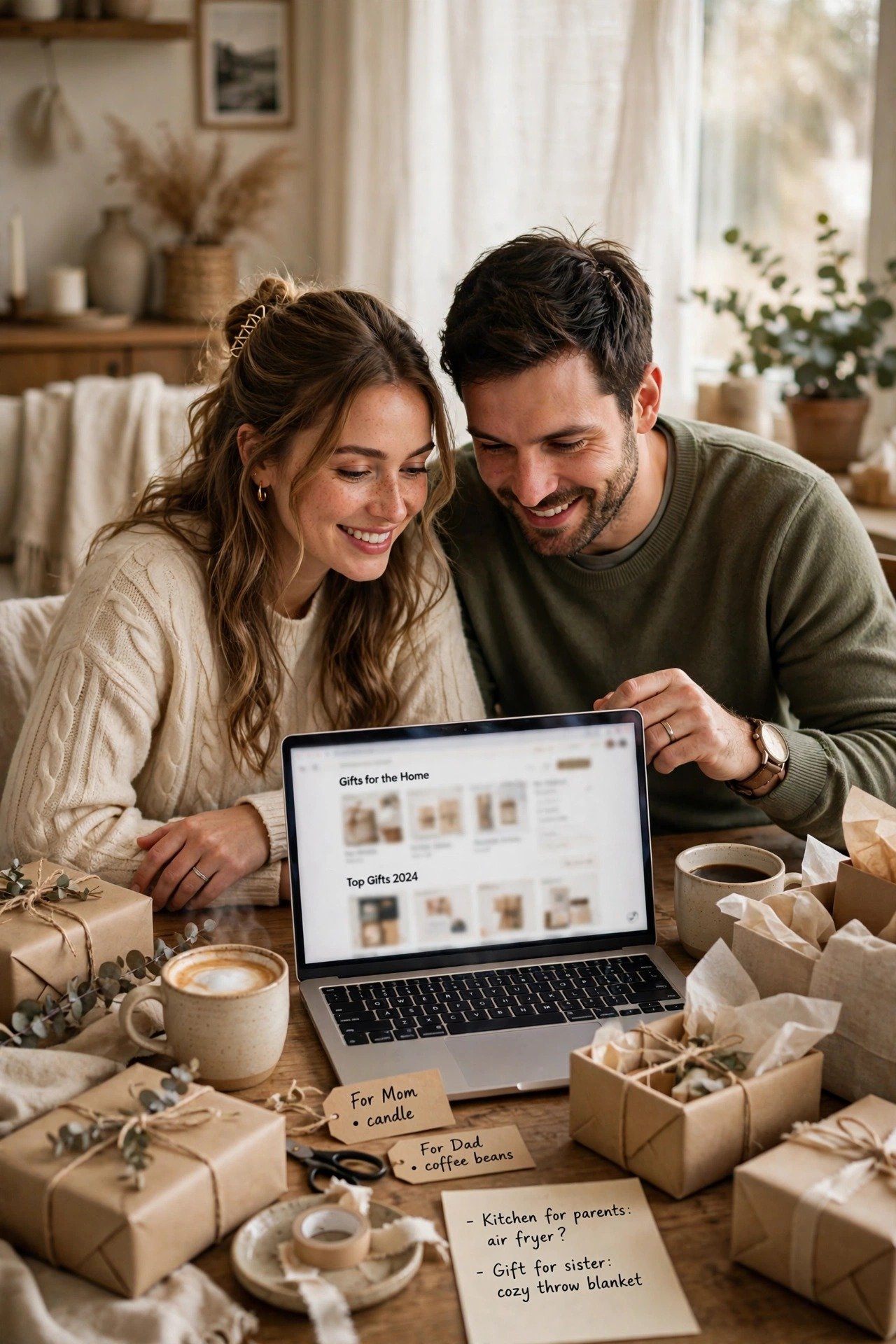 A couple choosing registry items at home with a laptop and coffee