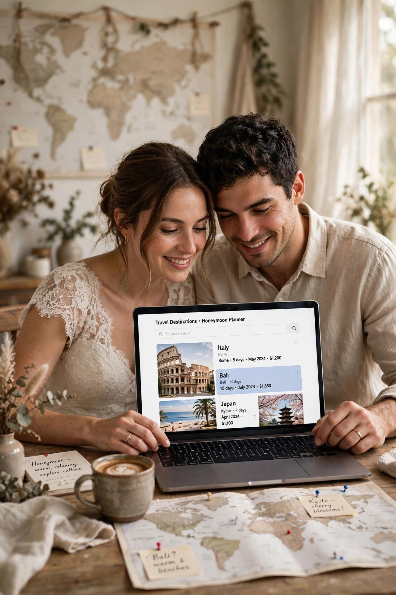 A couple browsing honeymoon destinations on a map with a laptop