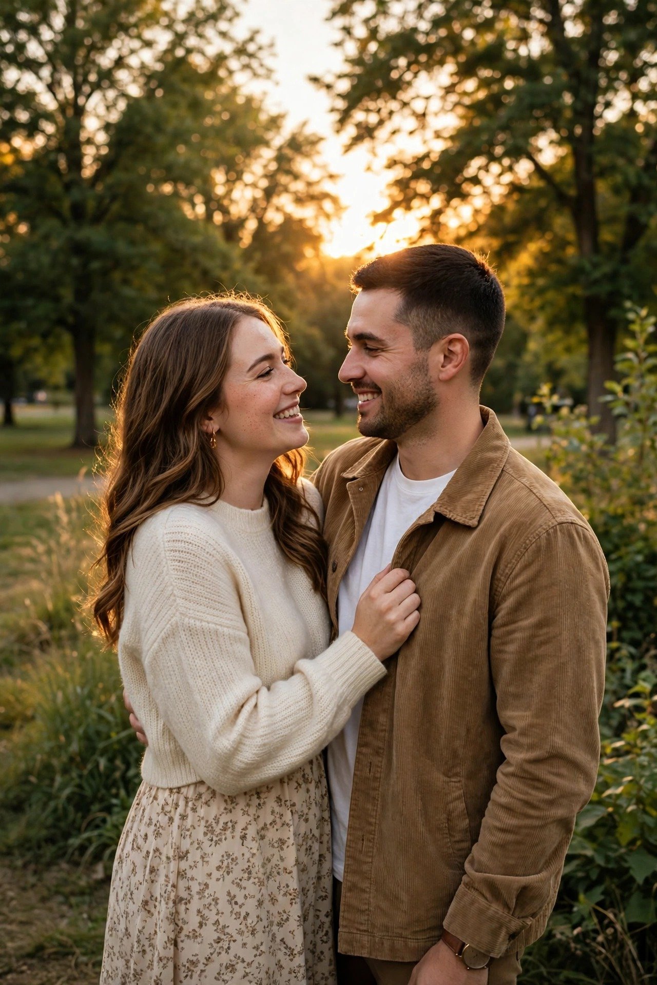 A couple during an engagement photo session in a park at golden hour