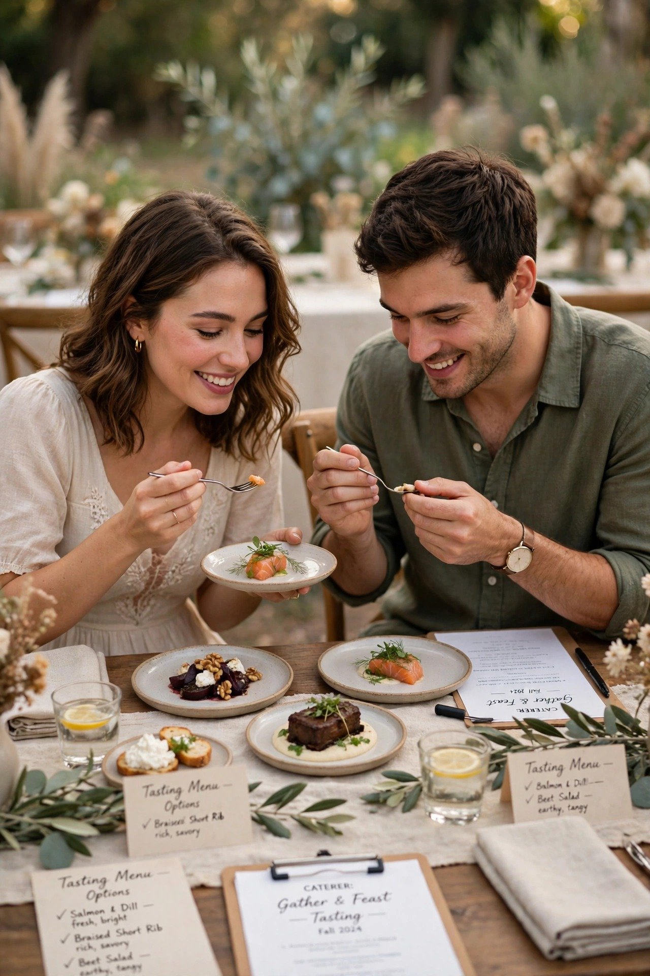 A couple tasting plated menu options at a caterer's table with notes