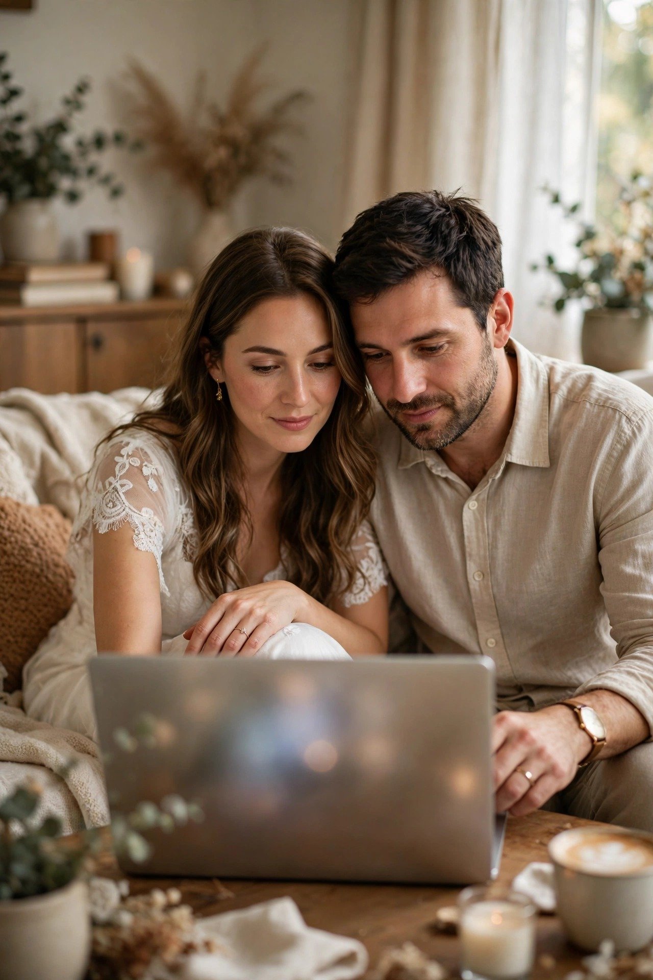 A couple reading their local marriage licence requirements on an official website