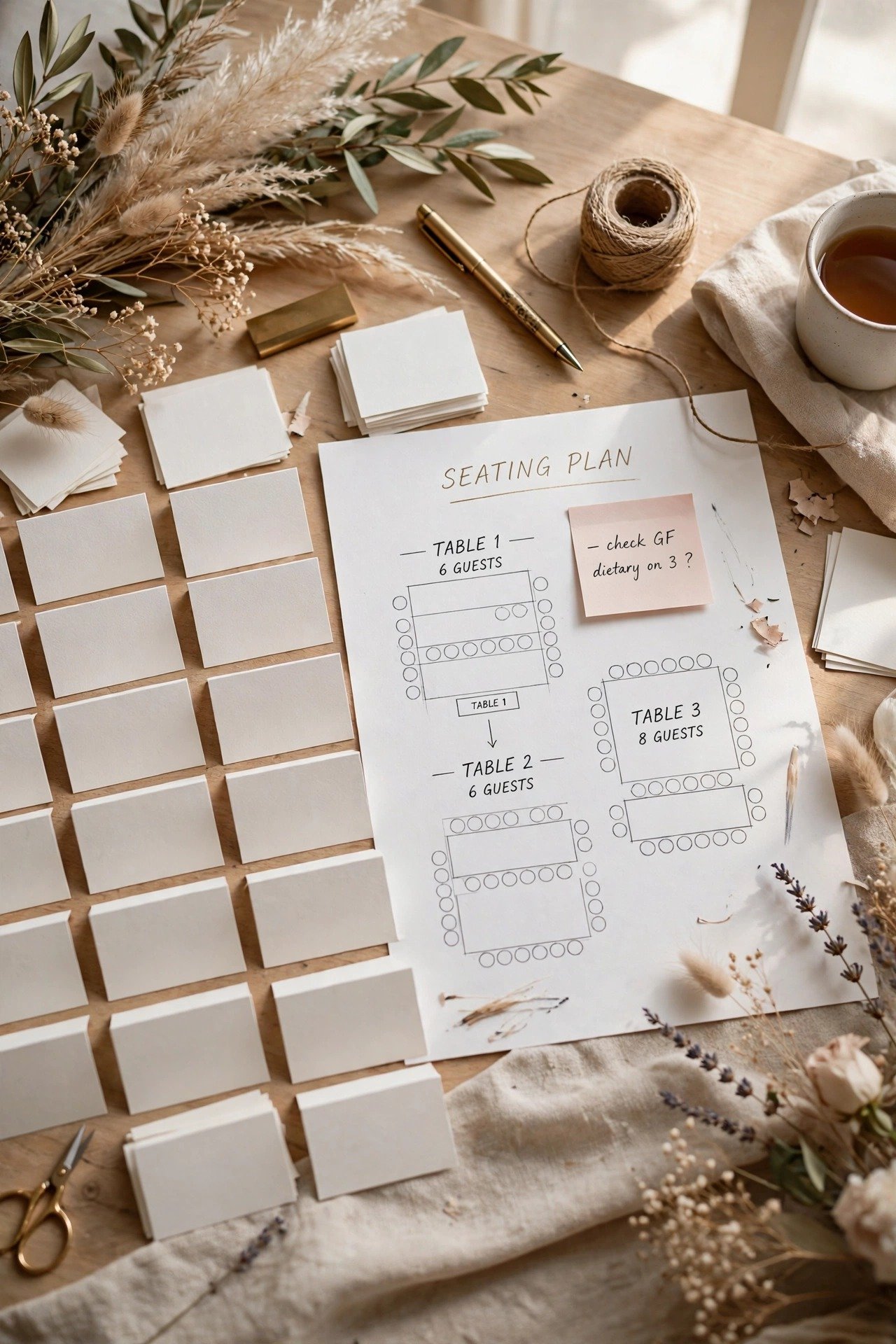 A seating plan being finalised with name cards arranged on a table plan