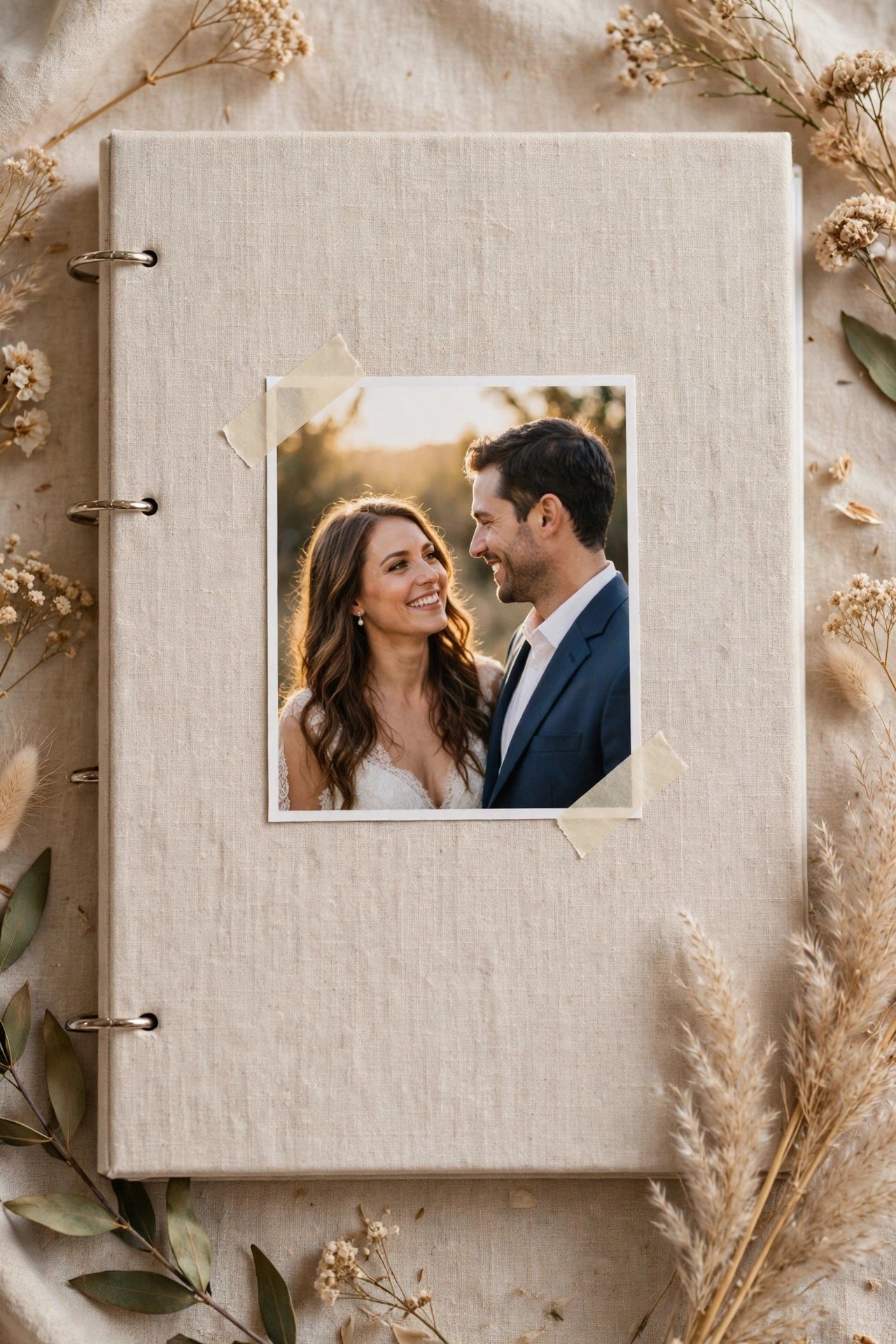 A wedding binder cover page with a couple's photo, names and wedding date in calligraphy