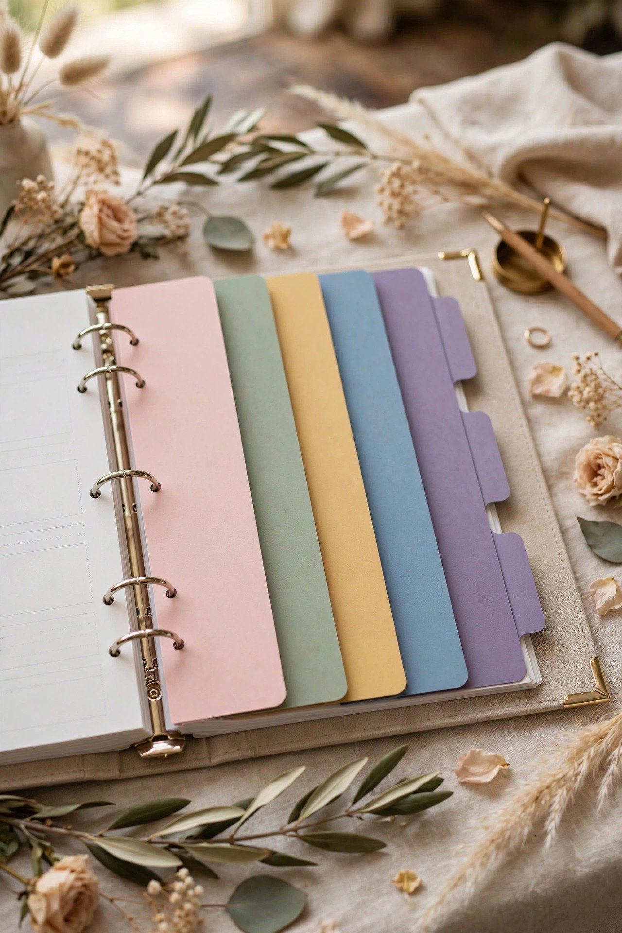 Colour-coded tabbed dividers in a wedding planning binder, each labelled by category