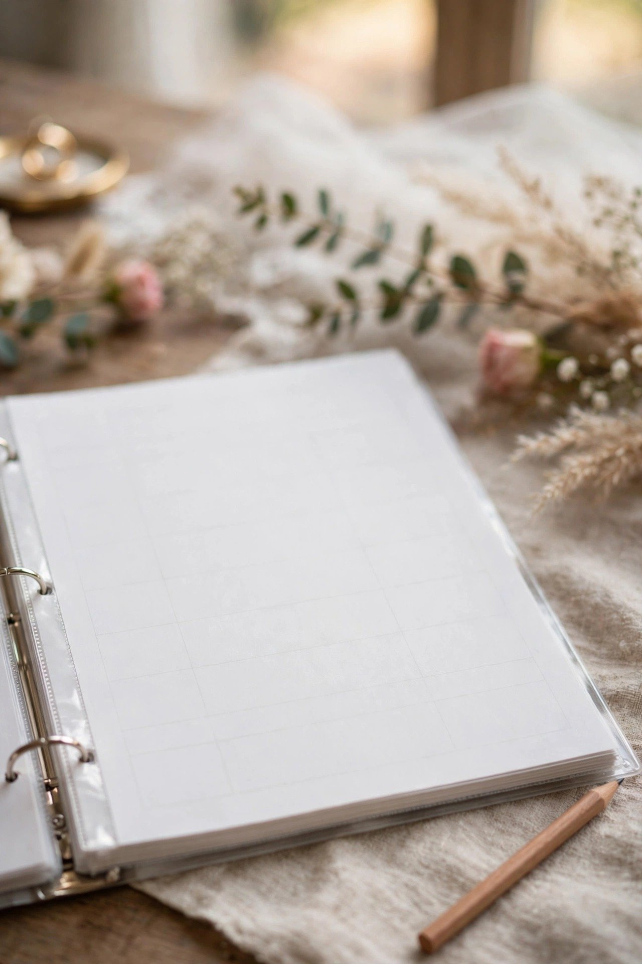 A budget tracker page in a binder with budgeted, spent and remaining columns filled in pencil