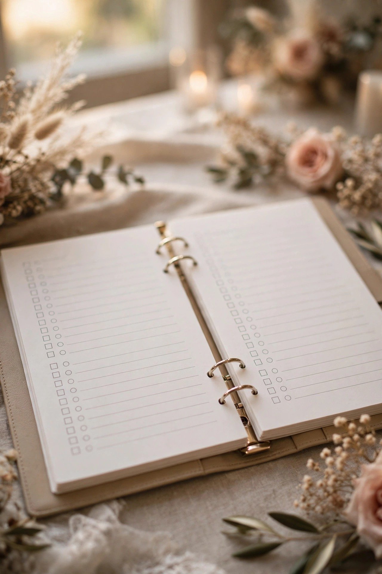 A two-page monthly checklist spread with tasks ticked off across a year of wedding planning