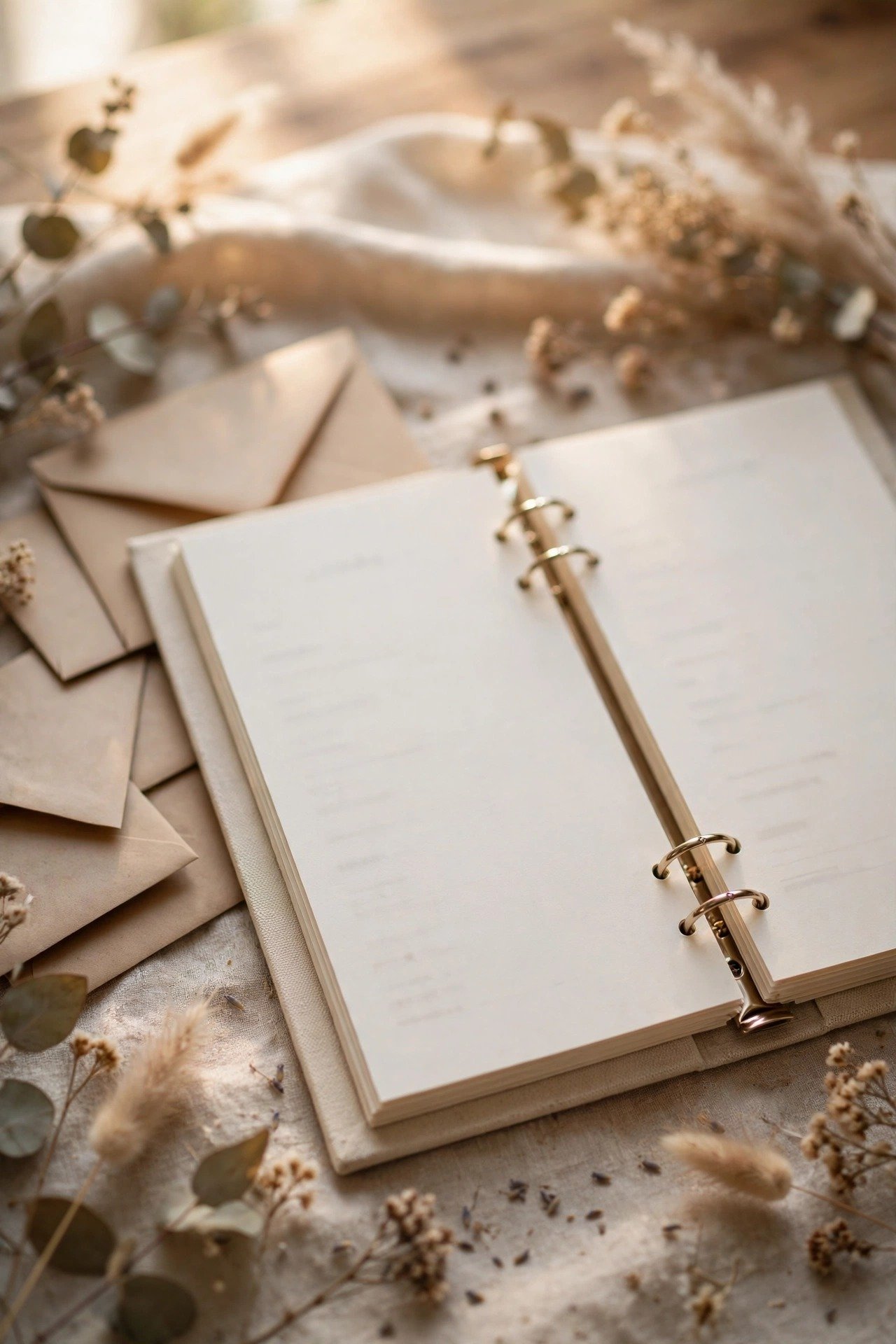 Guest list pages in a binder with names, addresses and household groupings neatly written