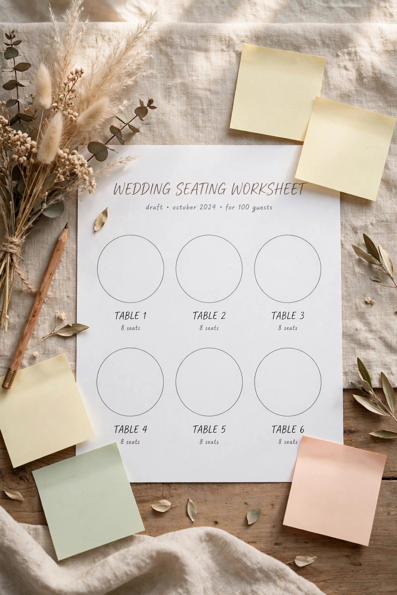 A seating worksheet with round table outlines and names written on small sticky notes