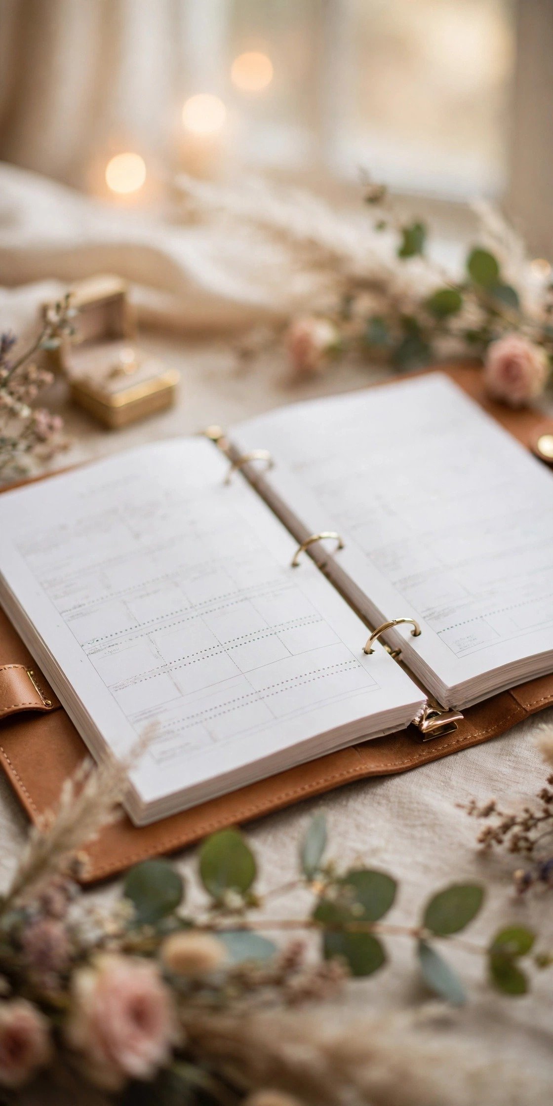 Printed wedding day timeline pages in a binder, times running down the margin