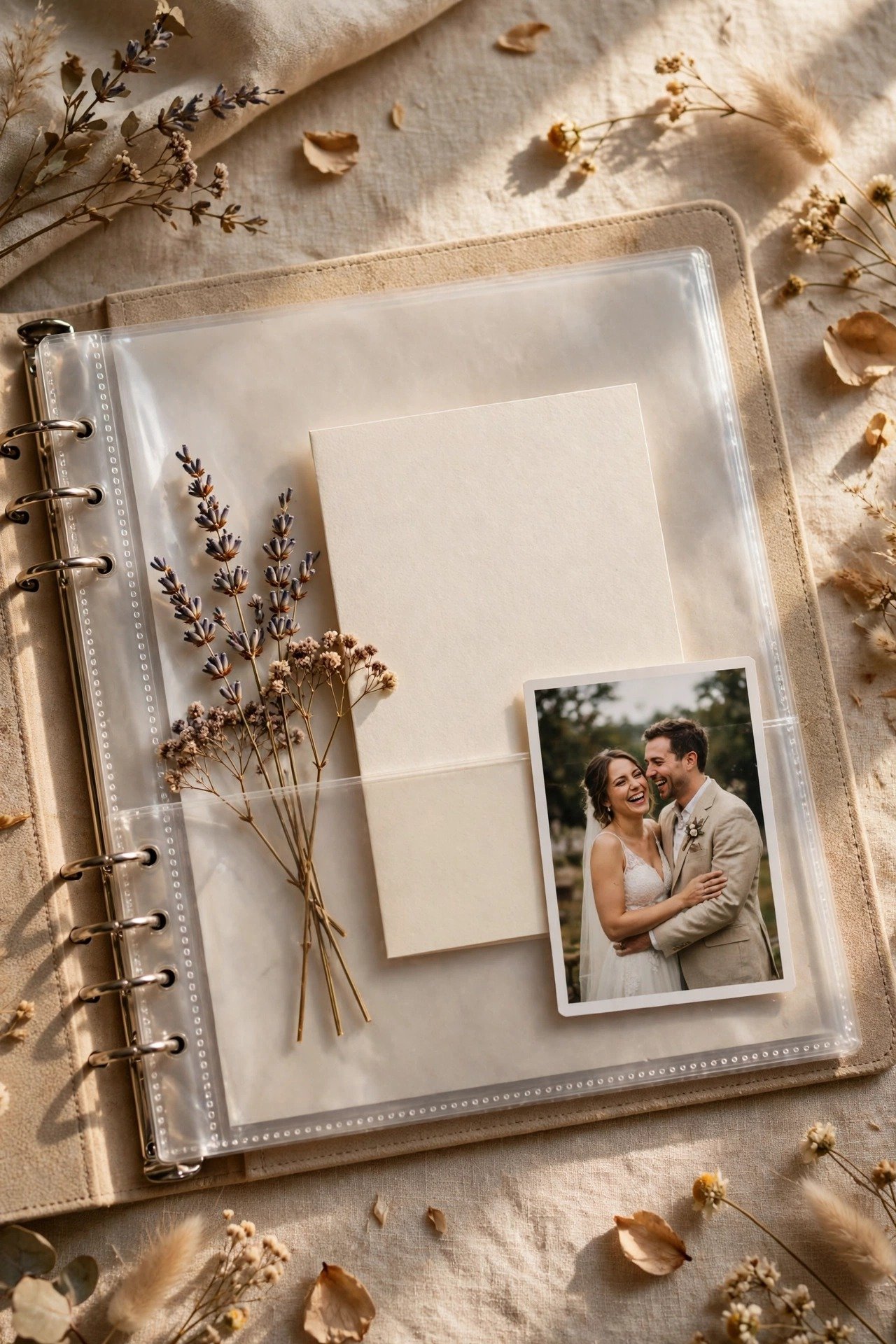 A keepsake page holding a dried flower, a menu card and a favourite candid photograph