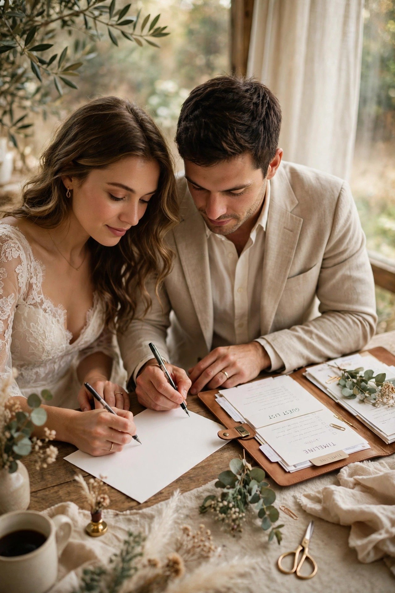 A couple writing their plus-one policy on a card beside their guest list