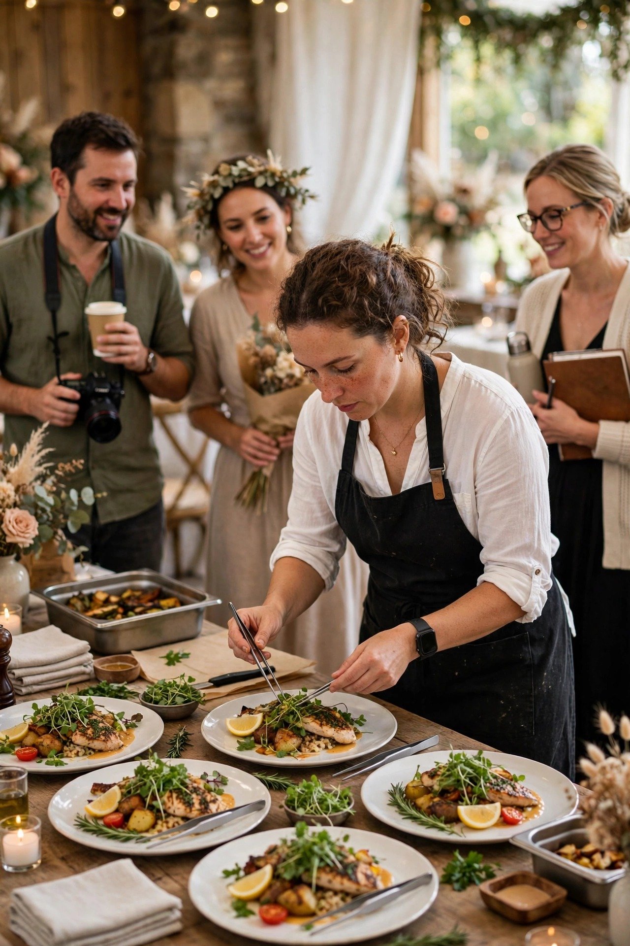 A caterer preparing plated meals for the vendor team during a reception