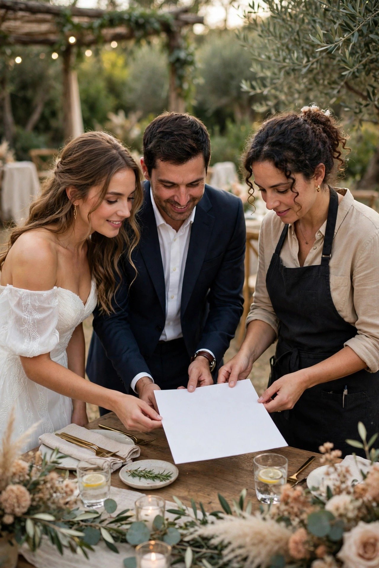 A couple and caterer checking a printed guest list name by name at a table