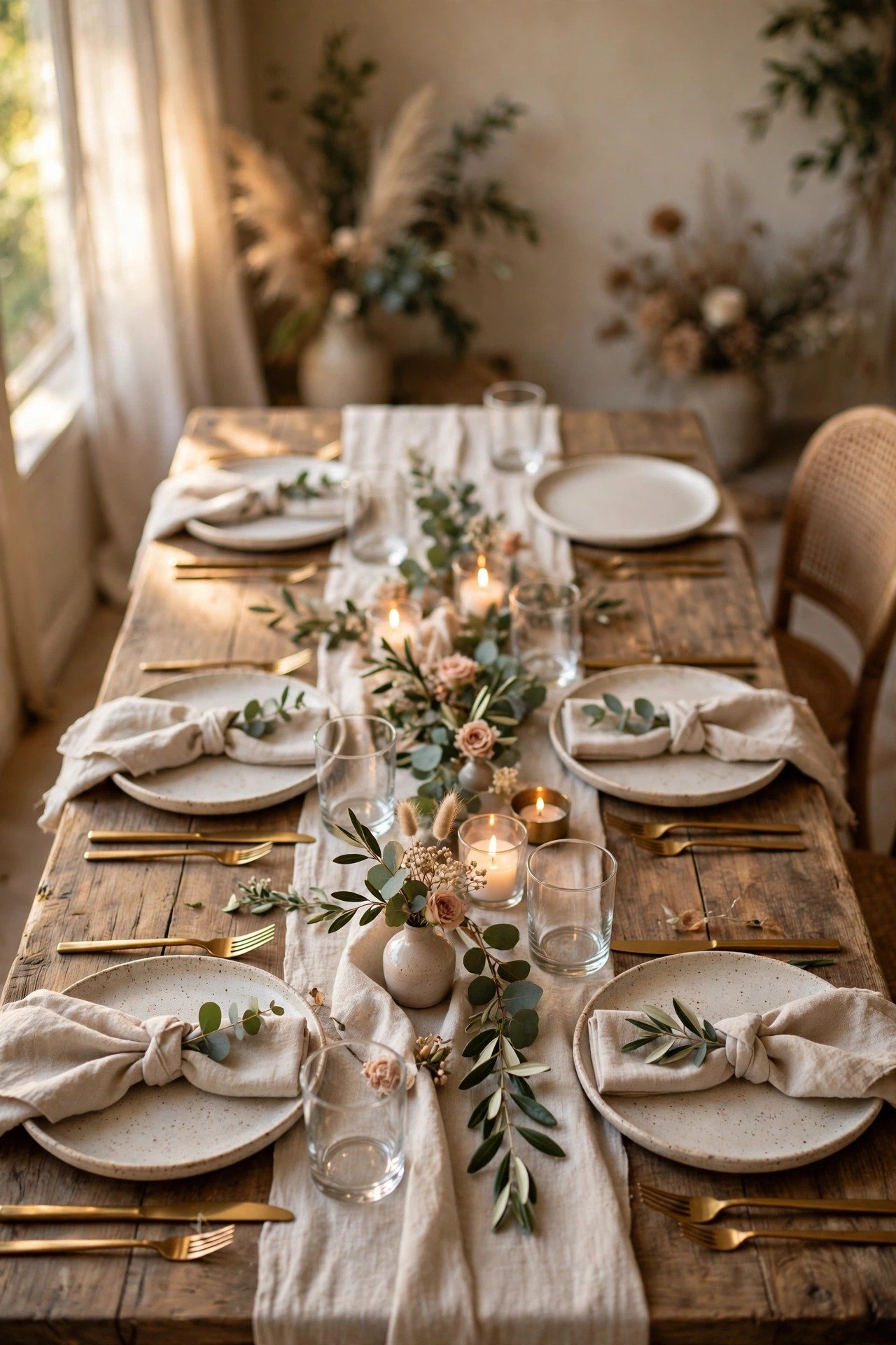 A reception table set with two spare place settings that blend in naturally