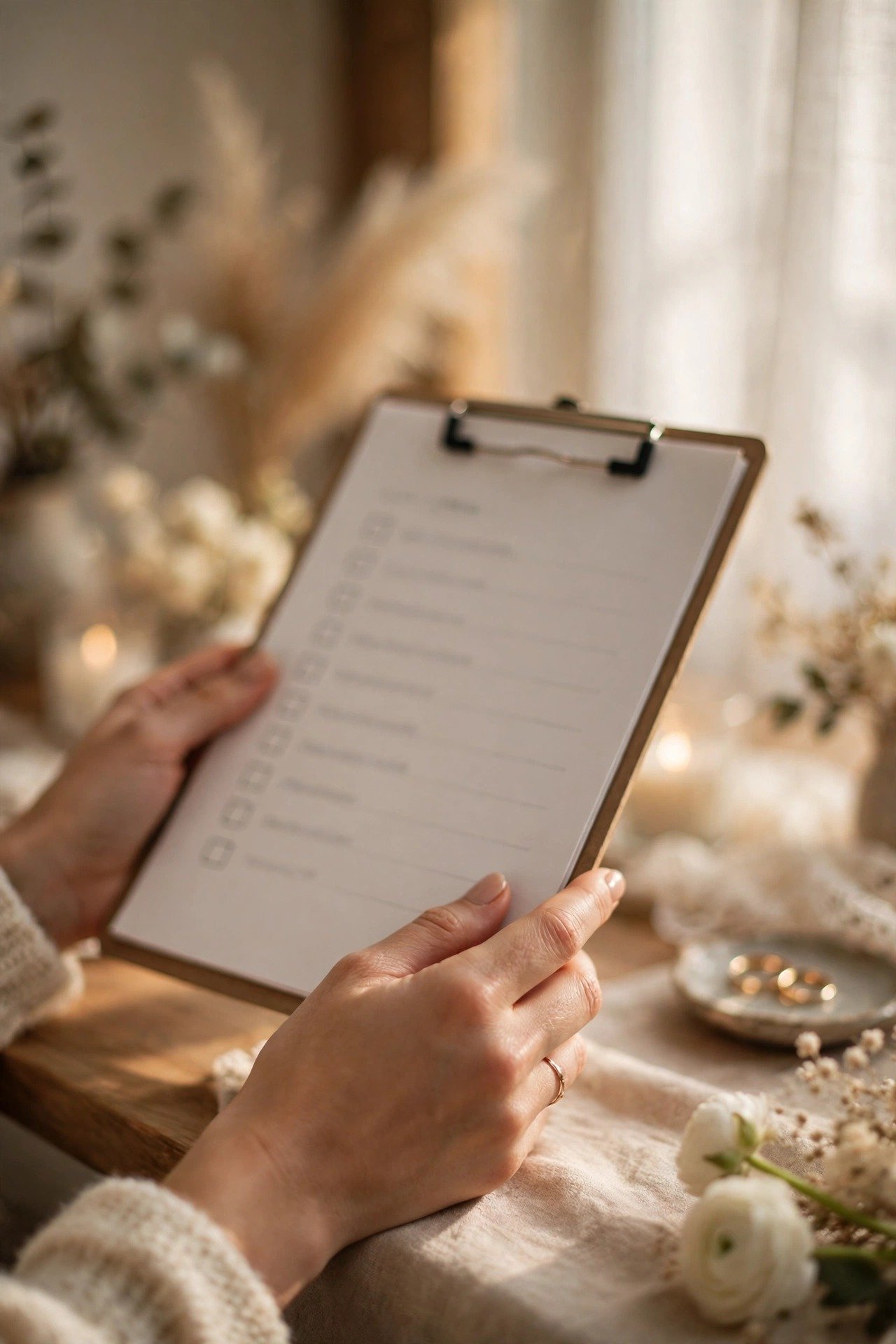 A final checklist being reviewed three days before a wedding, count confirmed