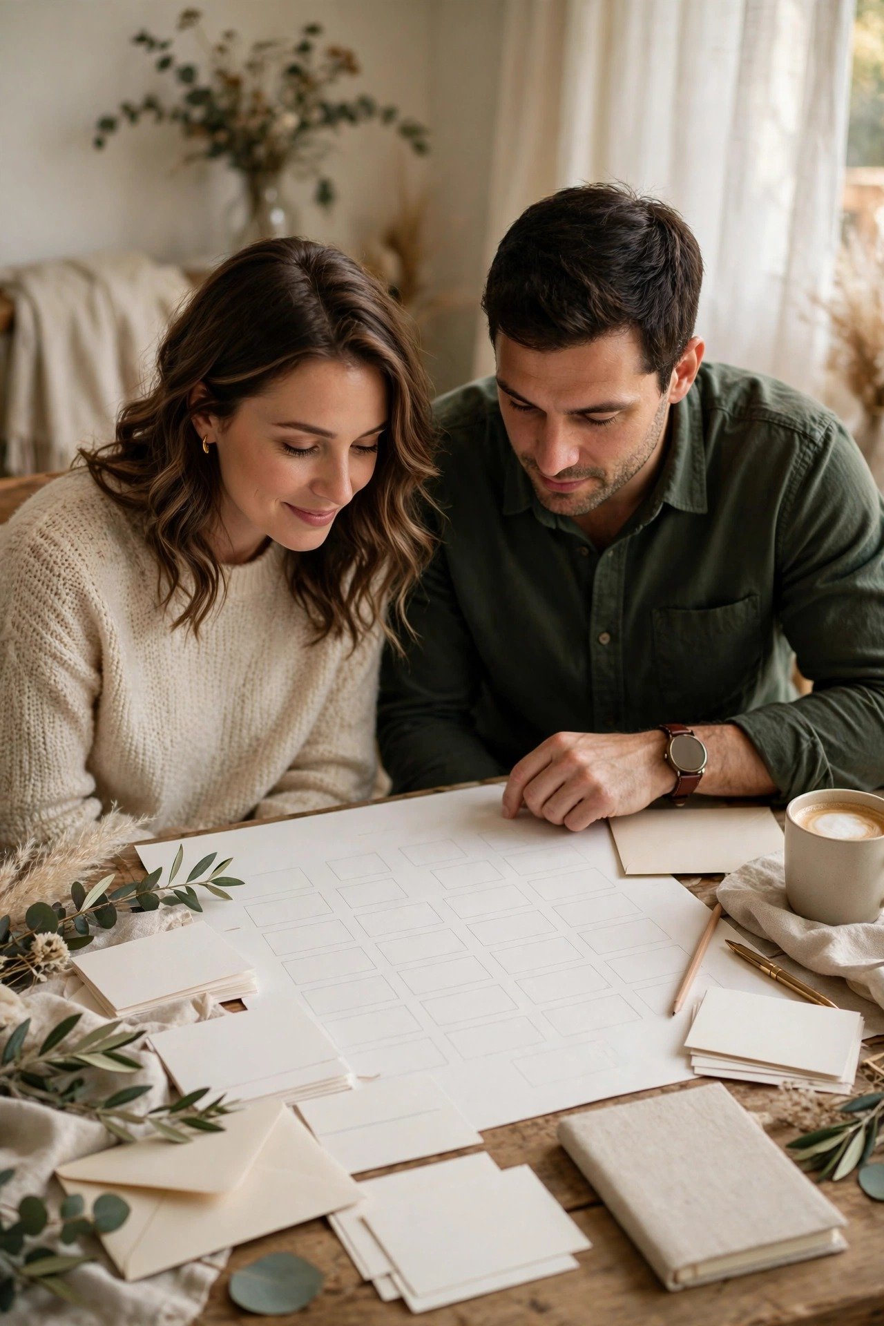 A couple finalising their wedding guest list with a seating chart and RSVP cards spread before them