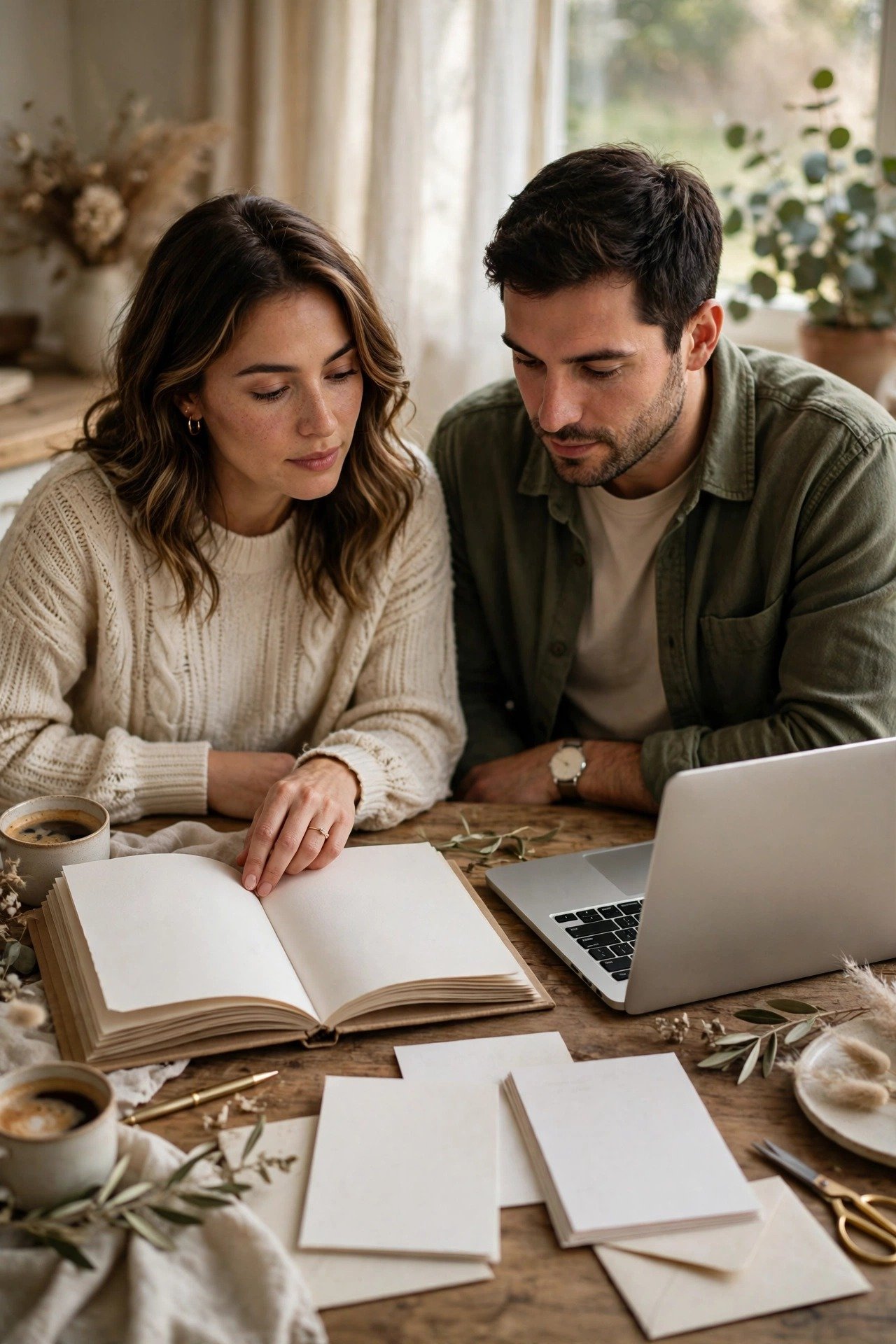 A couple choosing between a paper log and a spreadsheet before posting their invitations