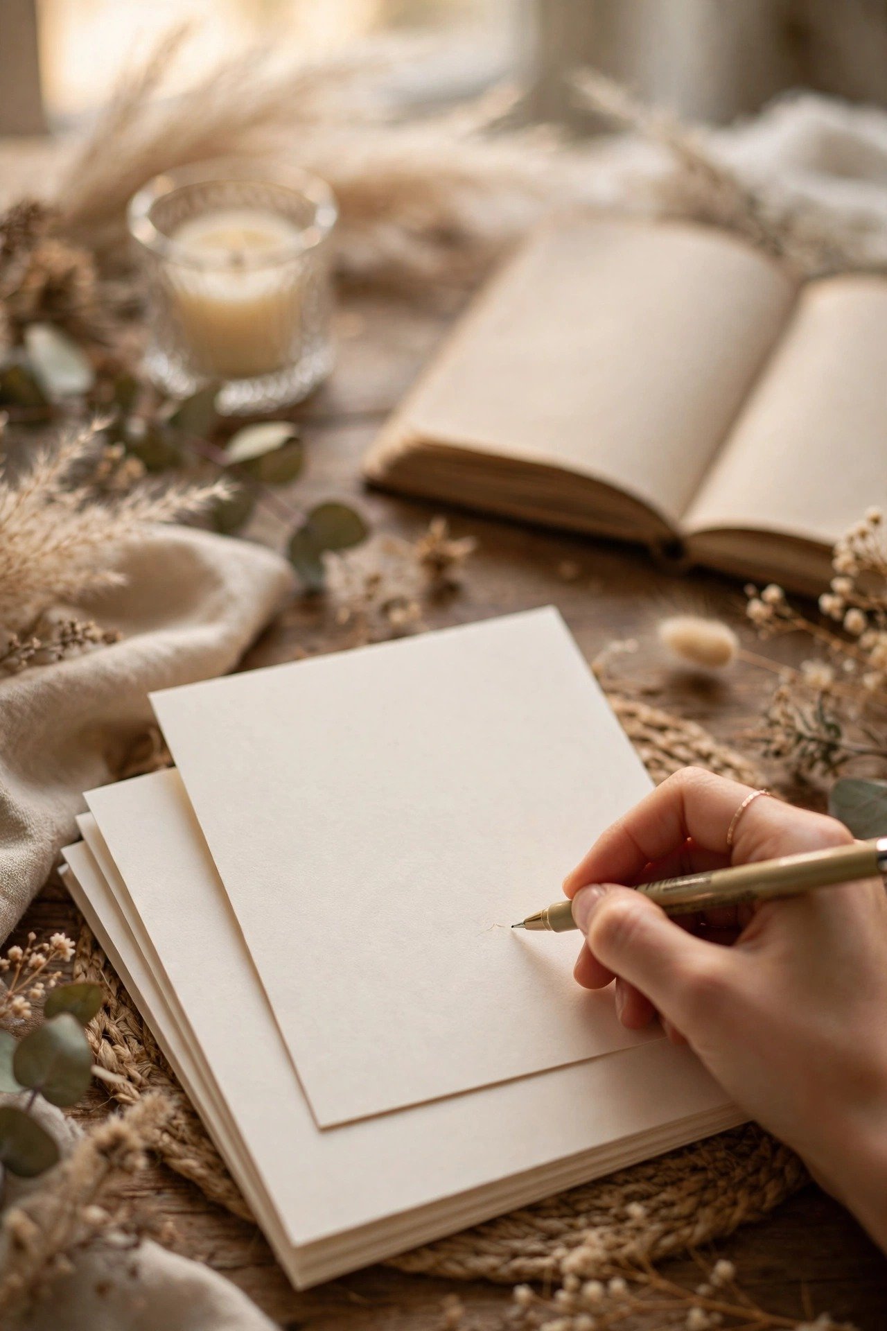 Thank-you cards being written with the gift log open beside them