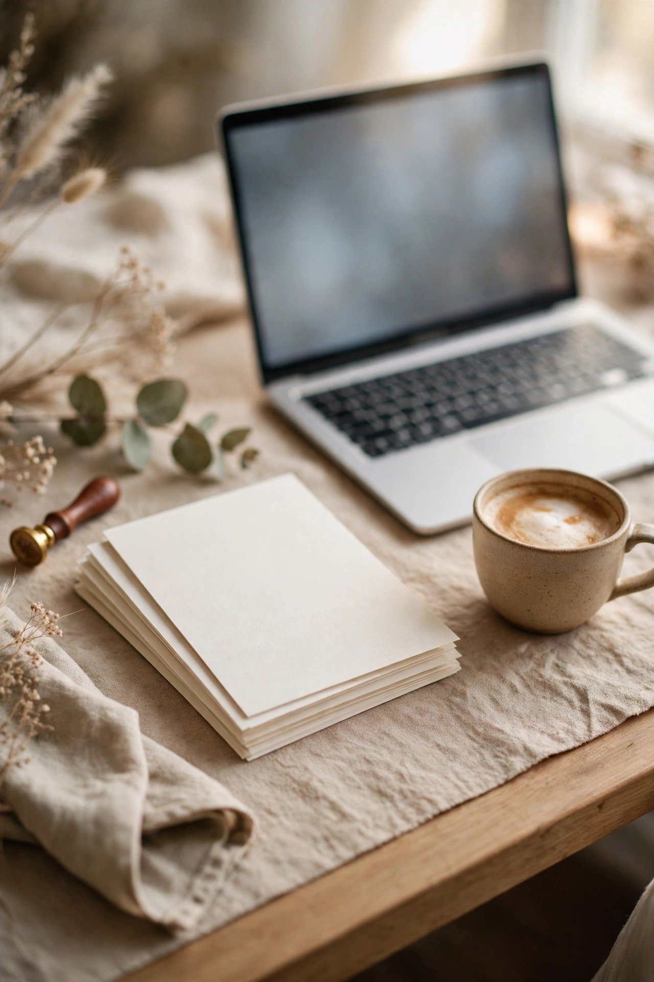 A tidy RSVP tracking setup with reply cards, a spreadsheet on a laptop and a cup of coffee