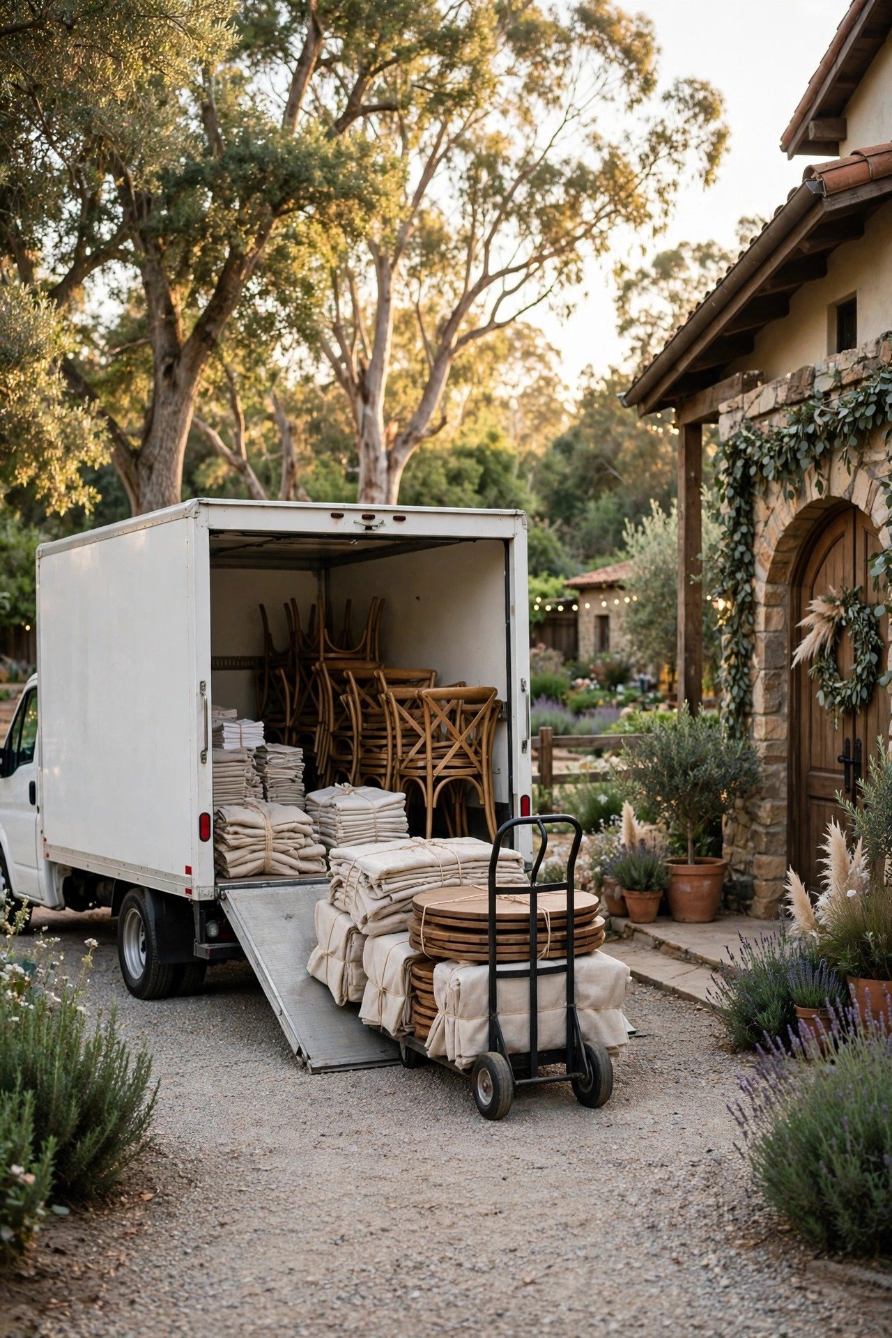 Rental truck delivering tables chairs and linens to a wedding venue